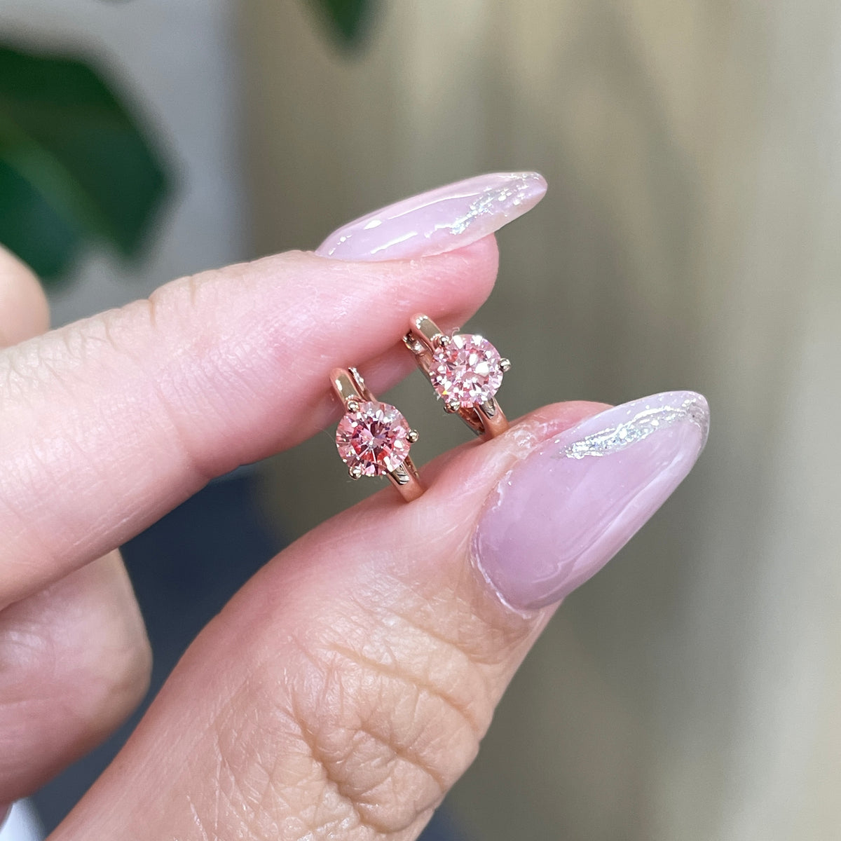 Lab pink diamond round 0.6ct three-prong 8mm hoop earrings - pair