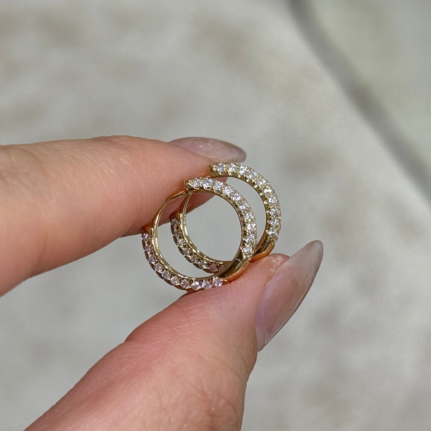 9k Lab diamond round 0.94ct double side three row 11mm hoop earrings-pair