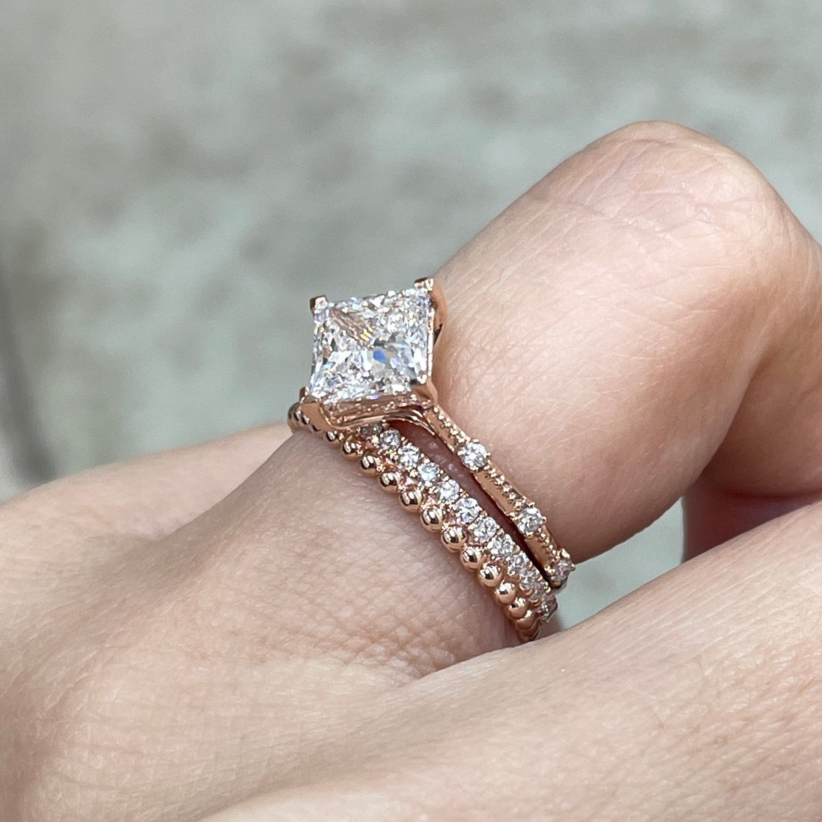 IGI Lab diamond Princess cut 1.5ct four-prong milgrain side stone band ring