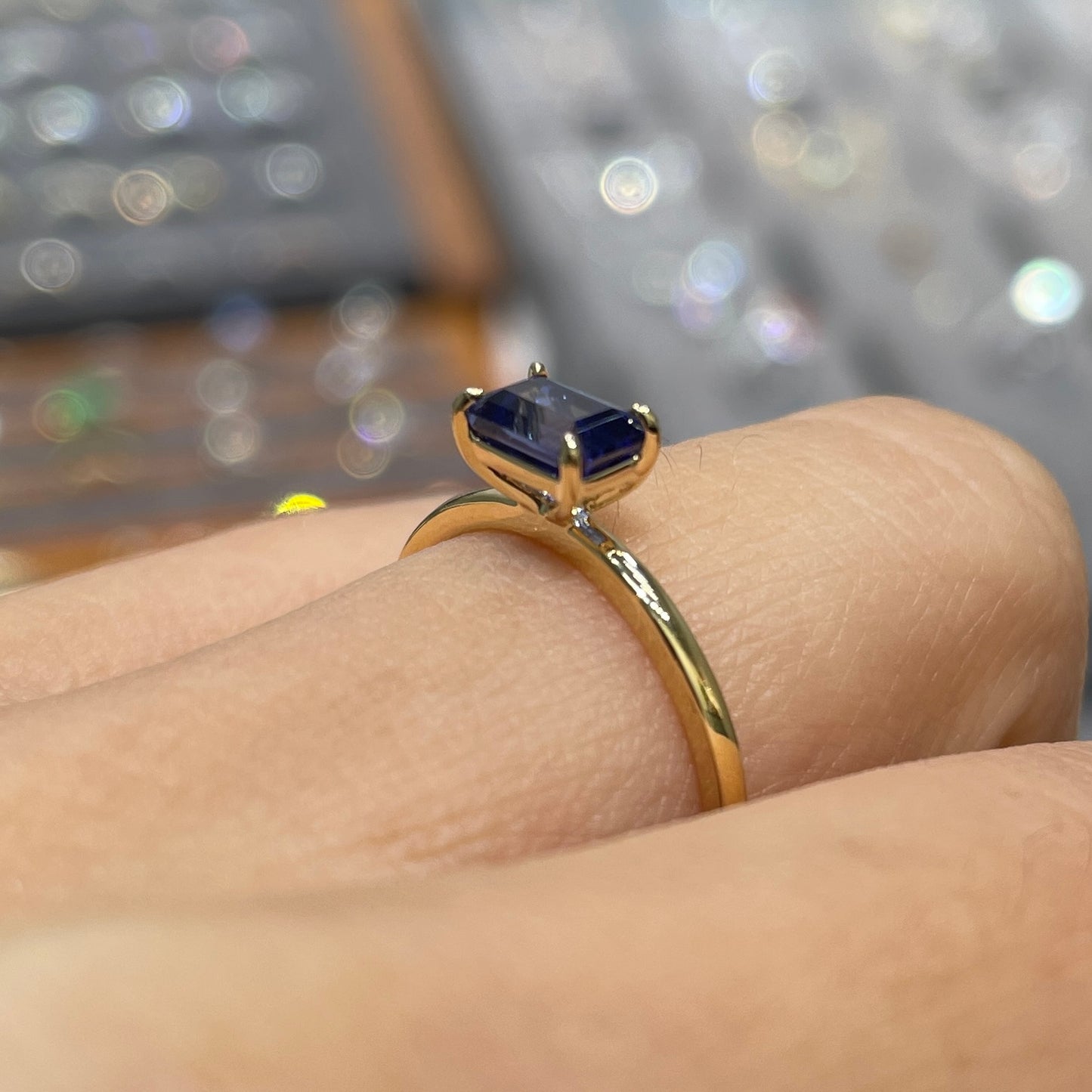 Lab sapphire cornflower color emerald cut 0.9ct solitaire ring