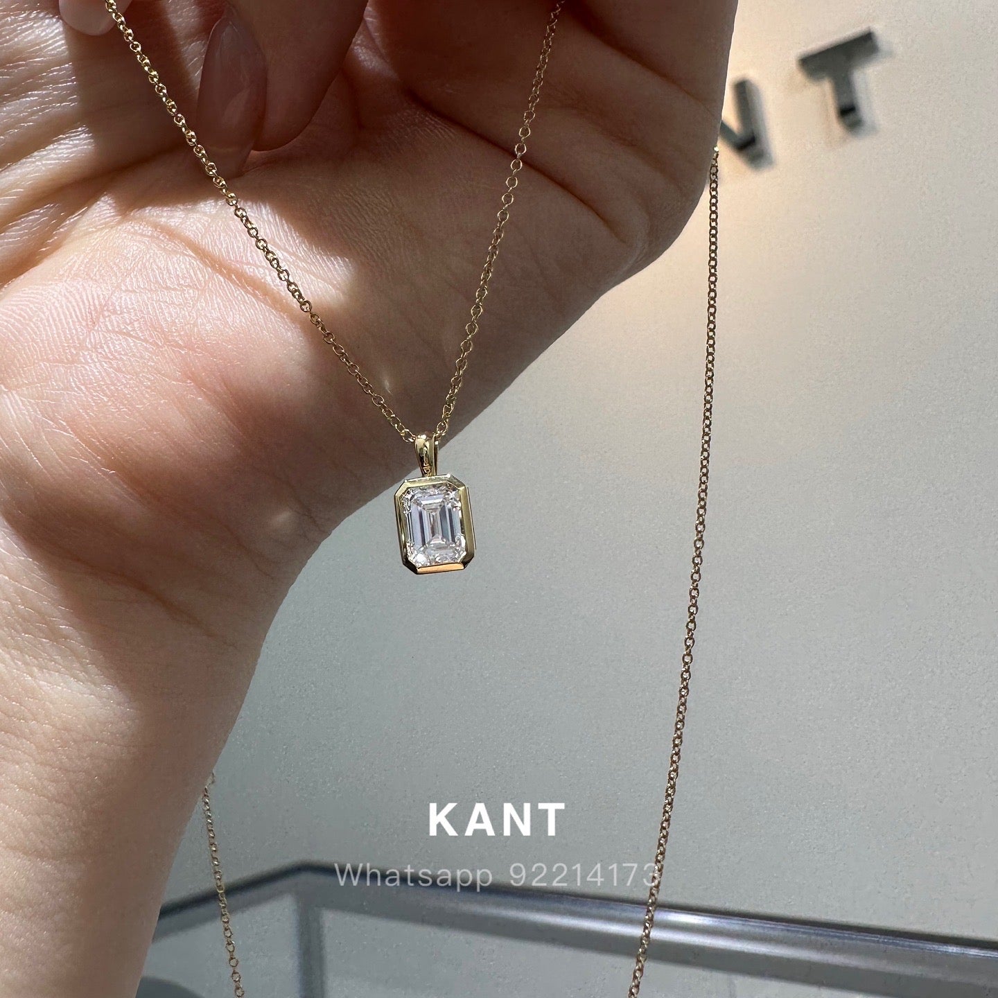 Lab diamond emerald cut 0.9ct bezel pendant with necklace
