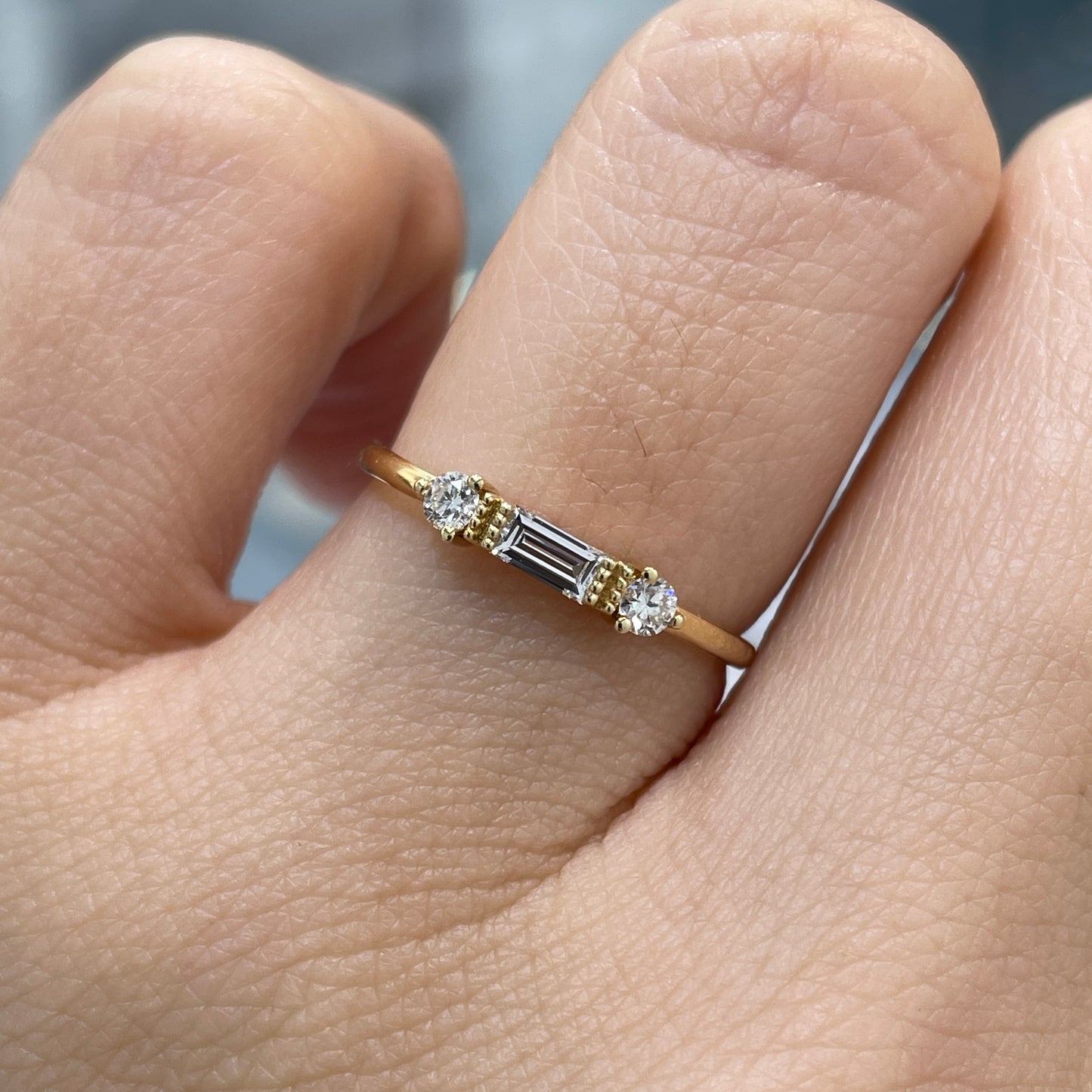 Lab diamond baguette and round ring