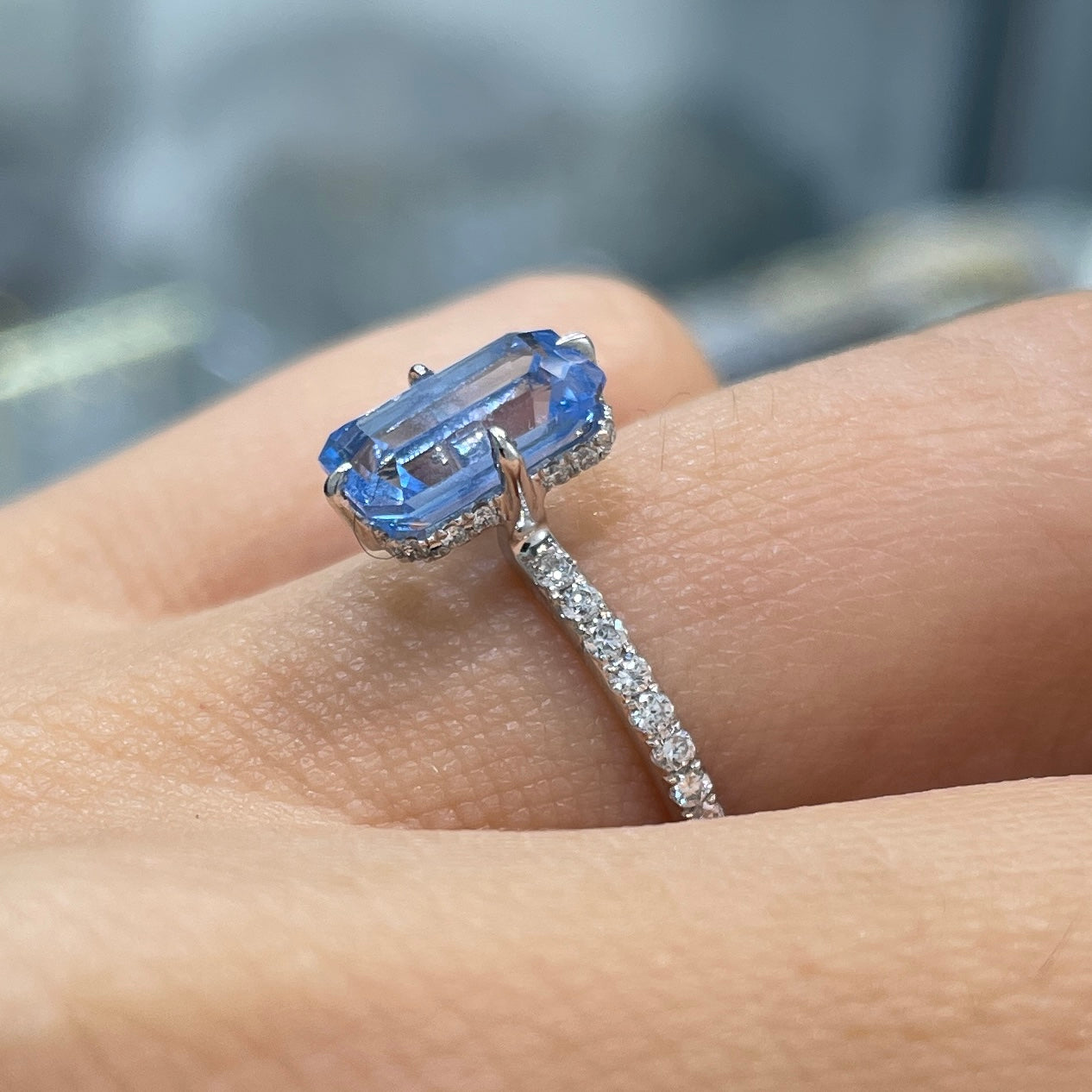 Lab sapphire Santa maria aquamarine emerald cut 2ct four-prong compass under halo pave ring