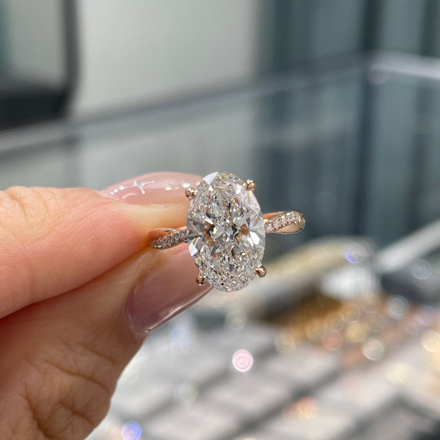 IGI Lab diamond Oval shape 3ct four-prong underhalo pave twisted band ring