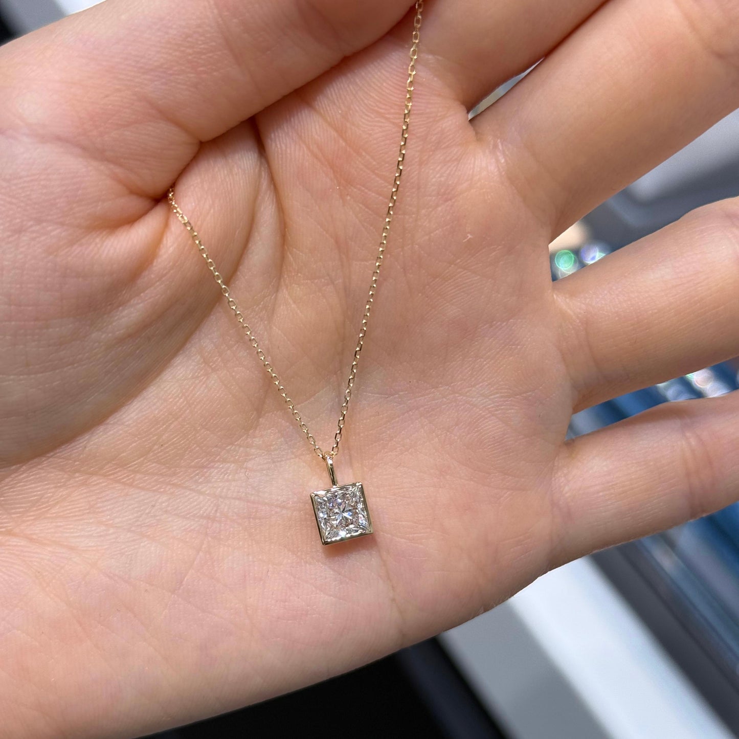 Lab diamond Princess cut 1ct bezel pendant with necklace