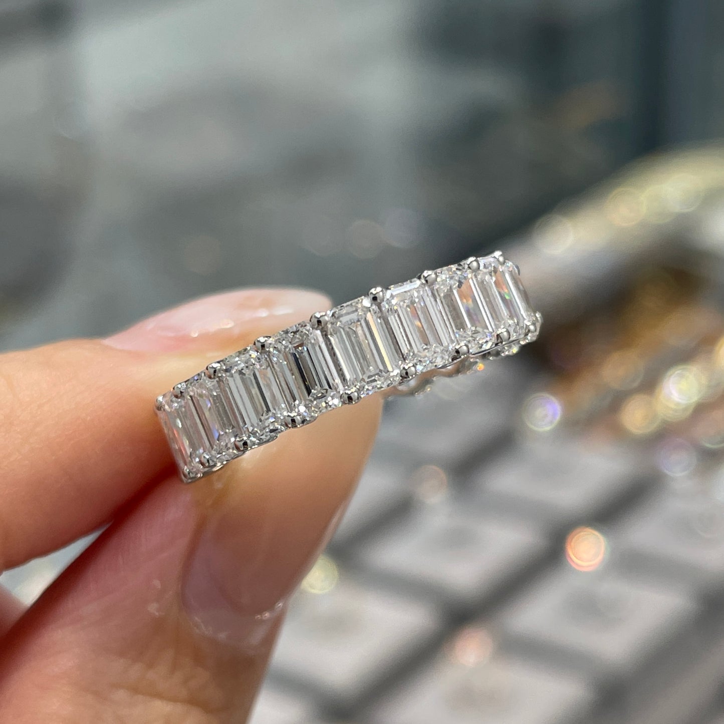 Lab diamond oval & emerald cut half half 6ct full eternity ring