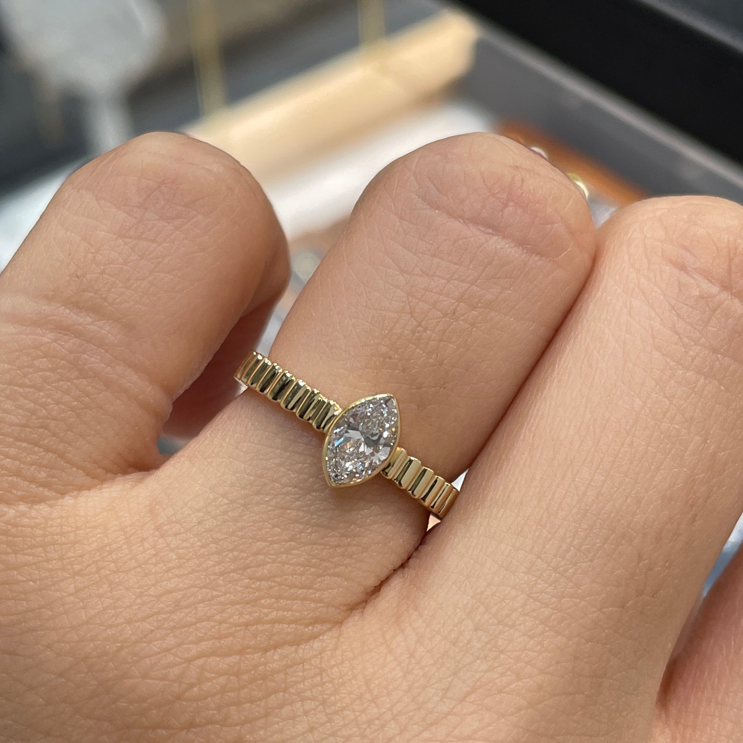 Lab diamond marquise shape 0.5ct bezel straight vertical line band ring