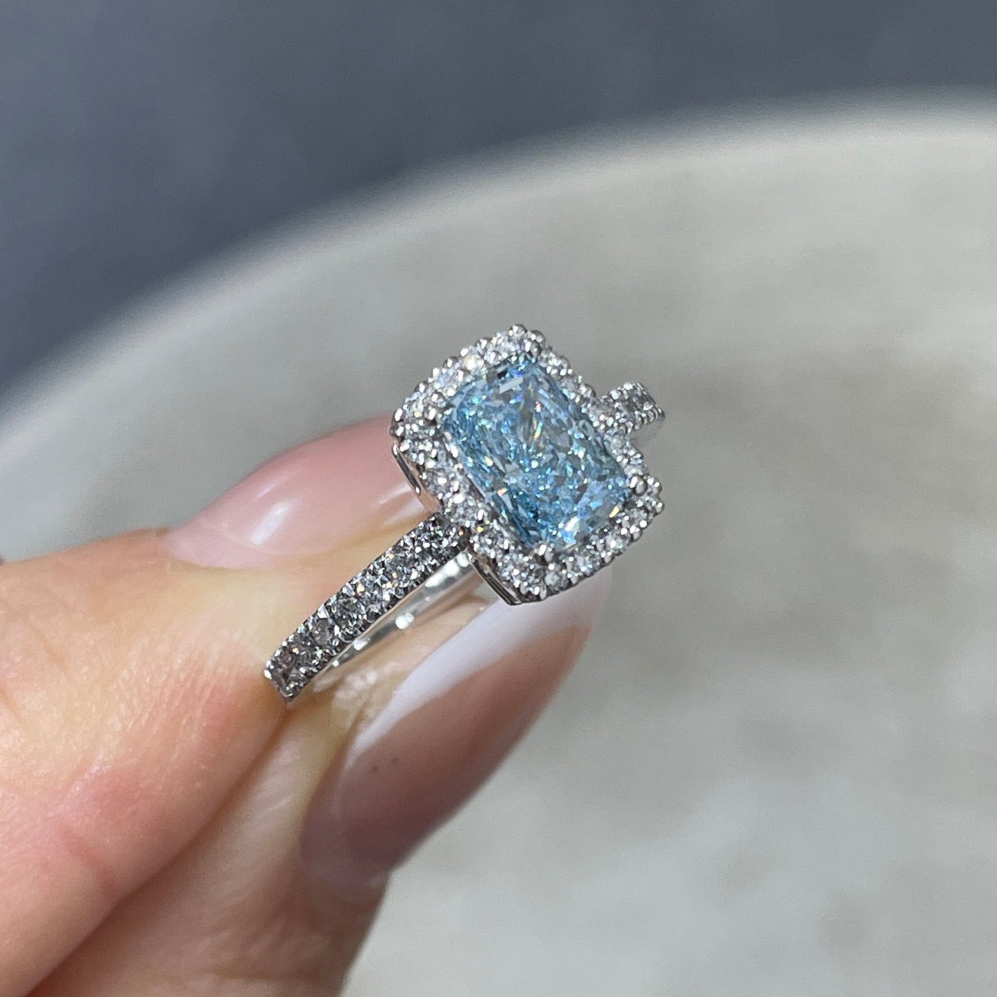 IGI lab blue diamond long cushion cut 1ct halo two-way pave ring