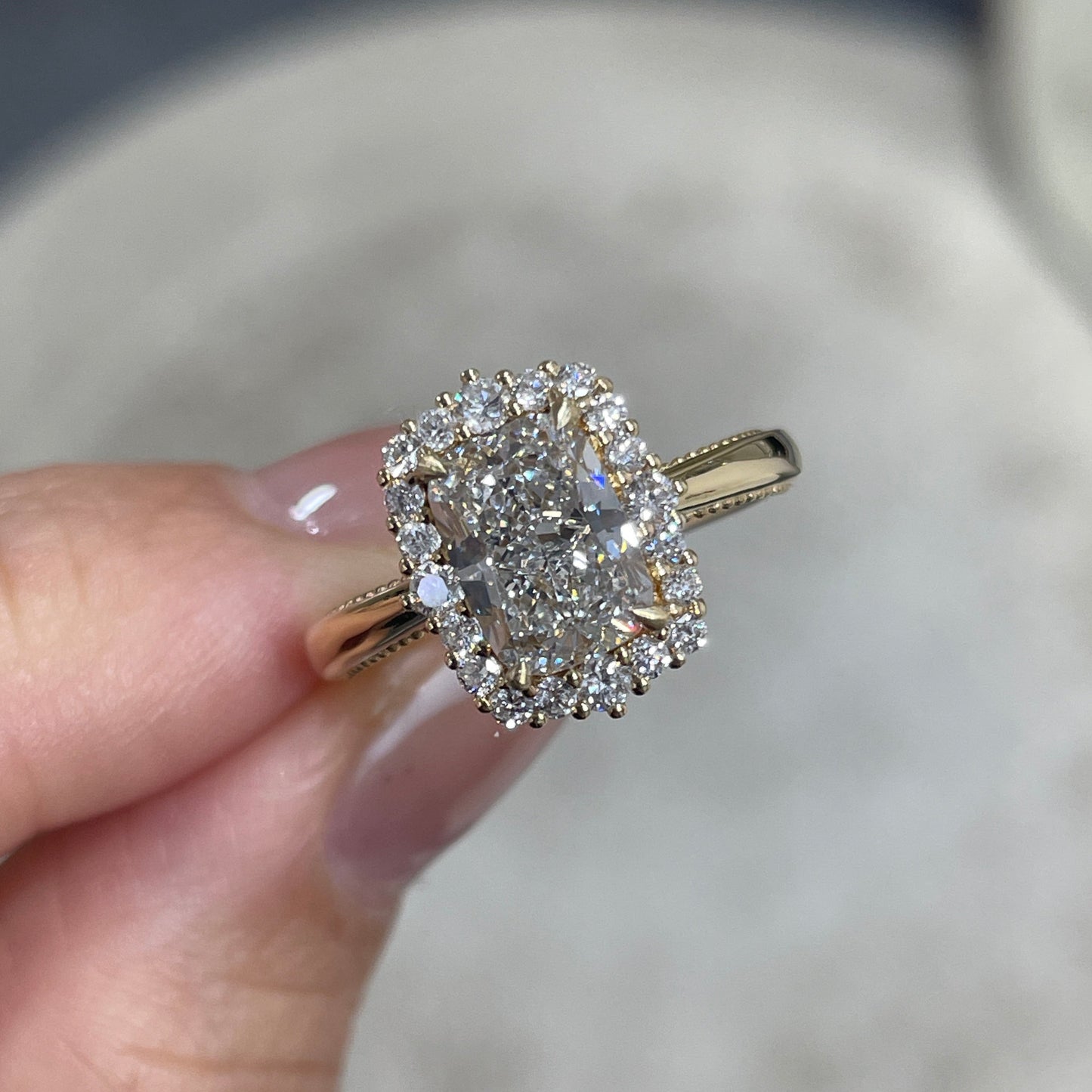 IGI lab diamond Long cushion cut 1.8ct halo milgrain band ring