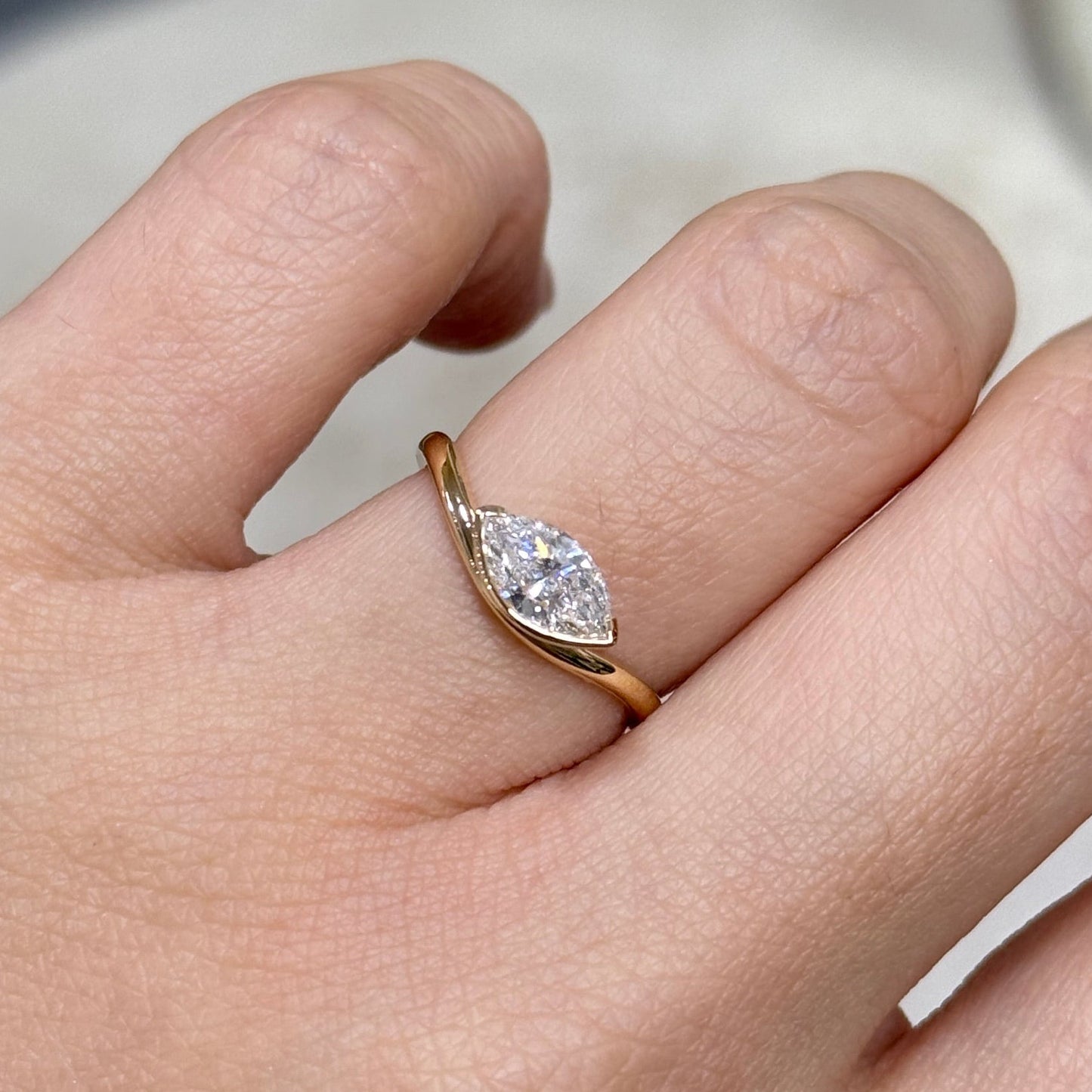 Lab diamond Marquise shape 0.7ct half bezel wavy ring