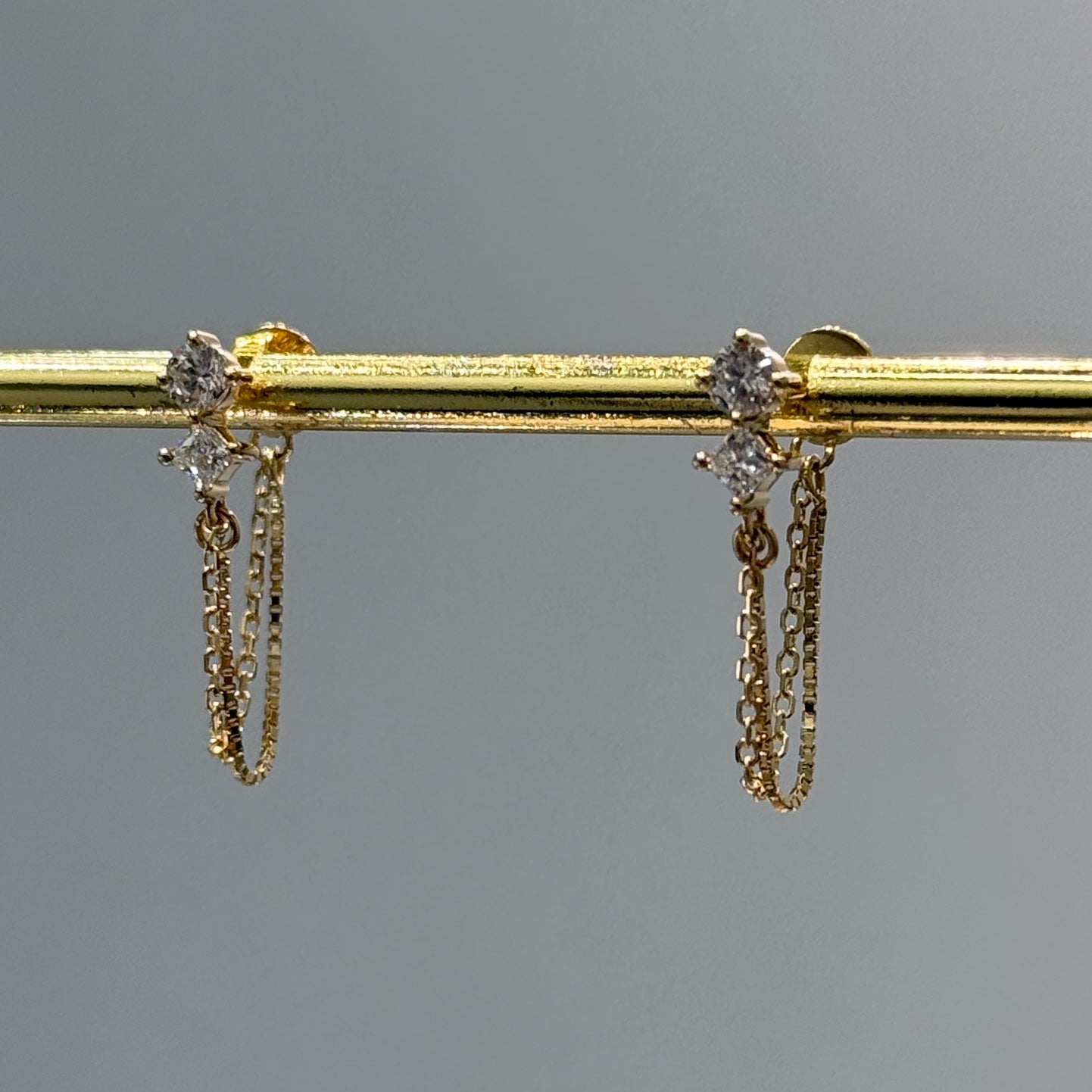 Lab diamond round and Princess toi et moi stud chain back earrings-pair