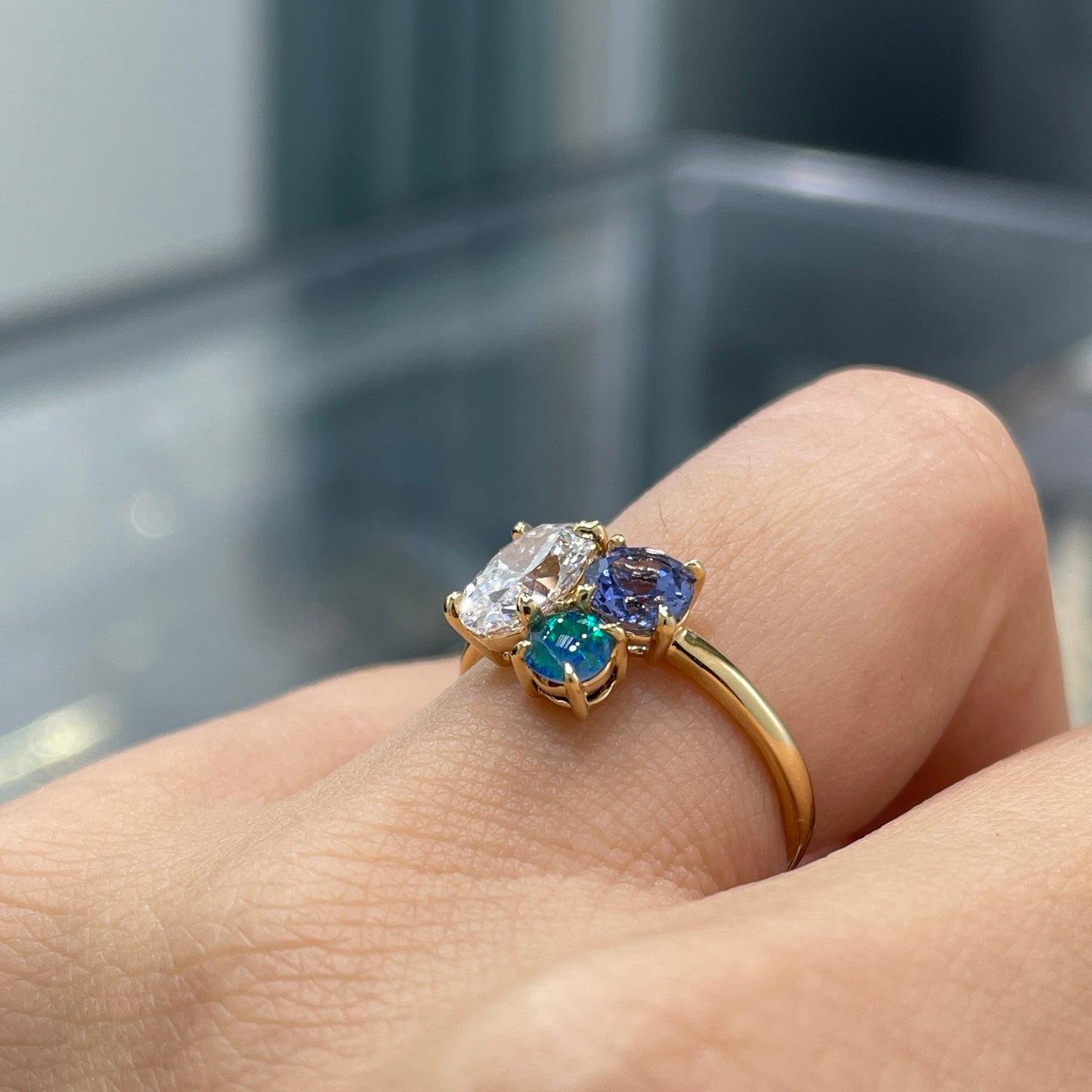 Lab diamond Oval shape with sapphire and natural opal round 1.95ct three stone ring
