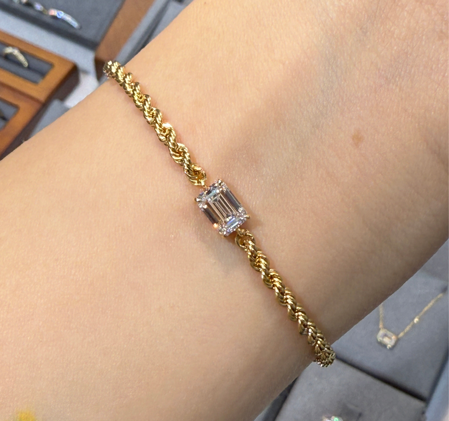 Lab diamond Emerald cut 1ct twist rope chain bracelet