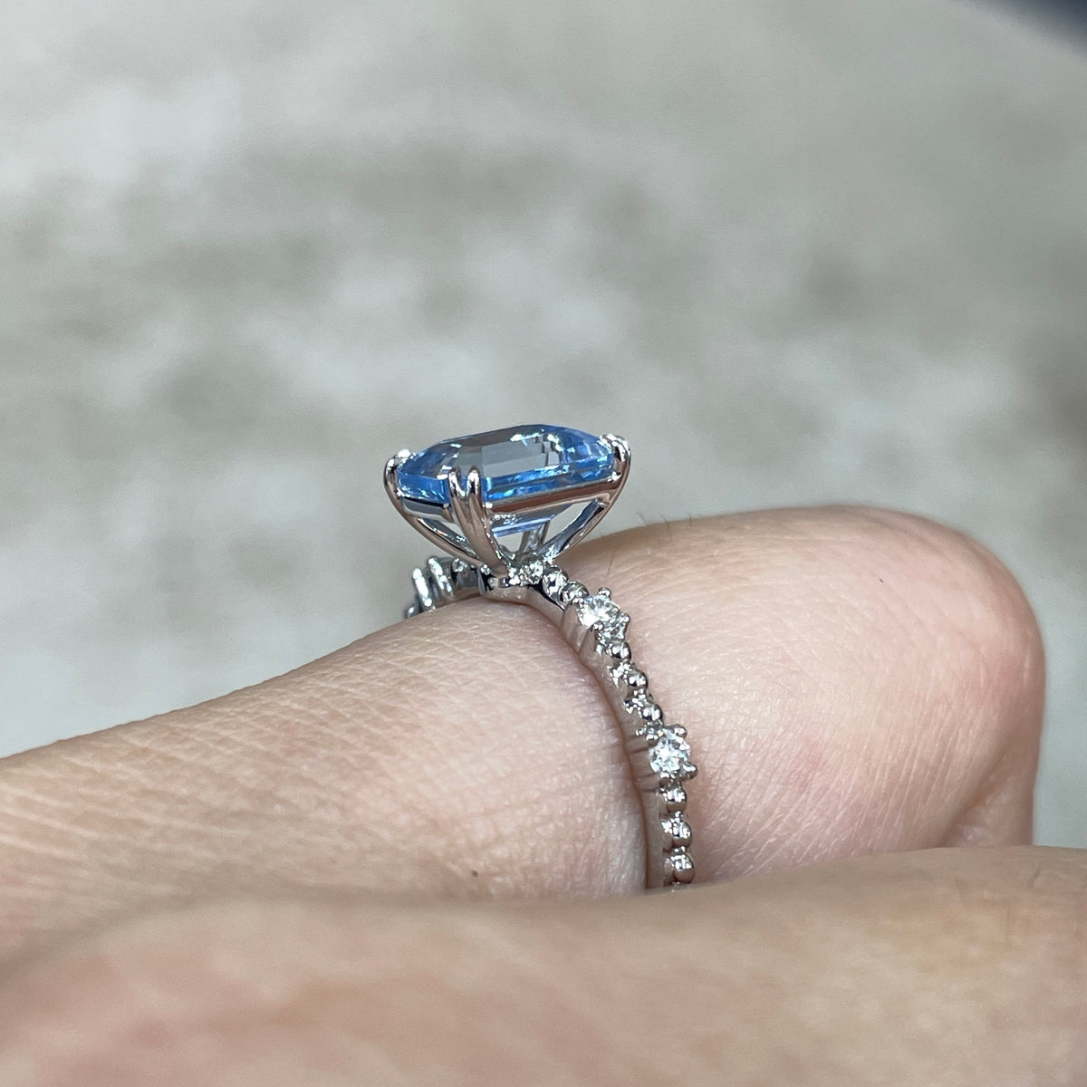 Lab Sapphire Aquamarine blue emerald cut 1.5ct  four-double prong milgrain side stone band ring