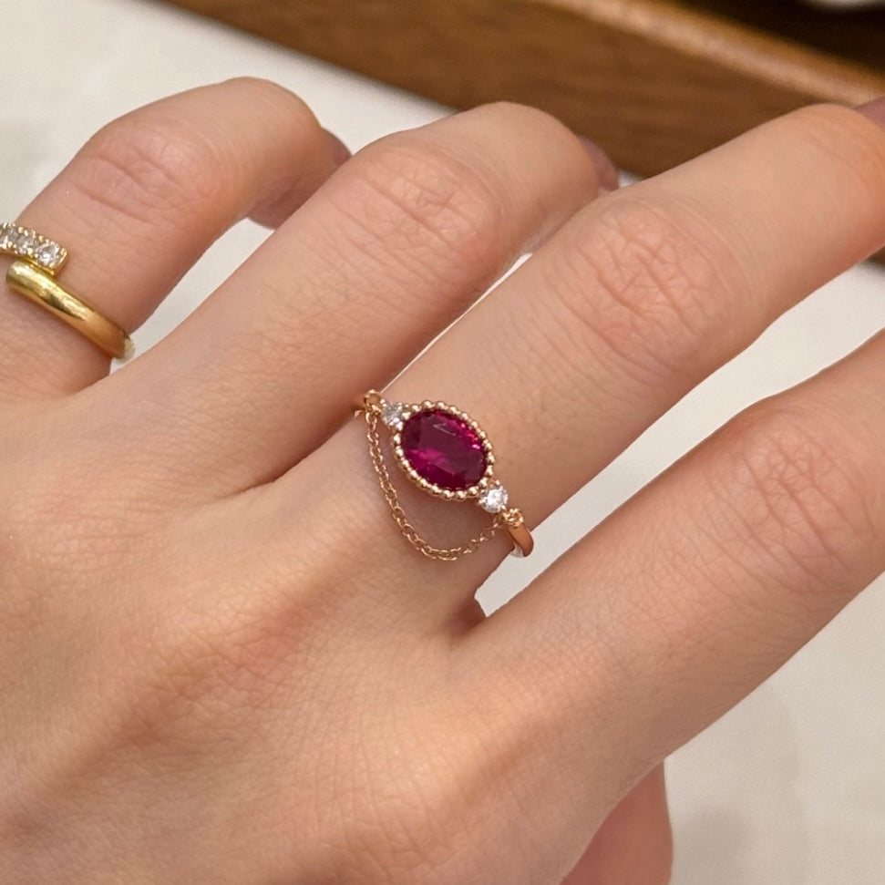 Lab Ruby Oval shape 0.8ct with diamond milgrain bezel chain ring