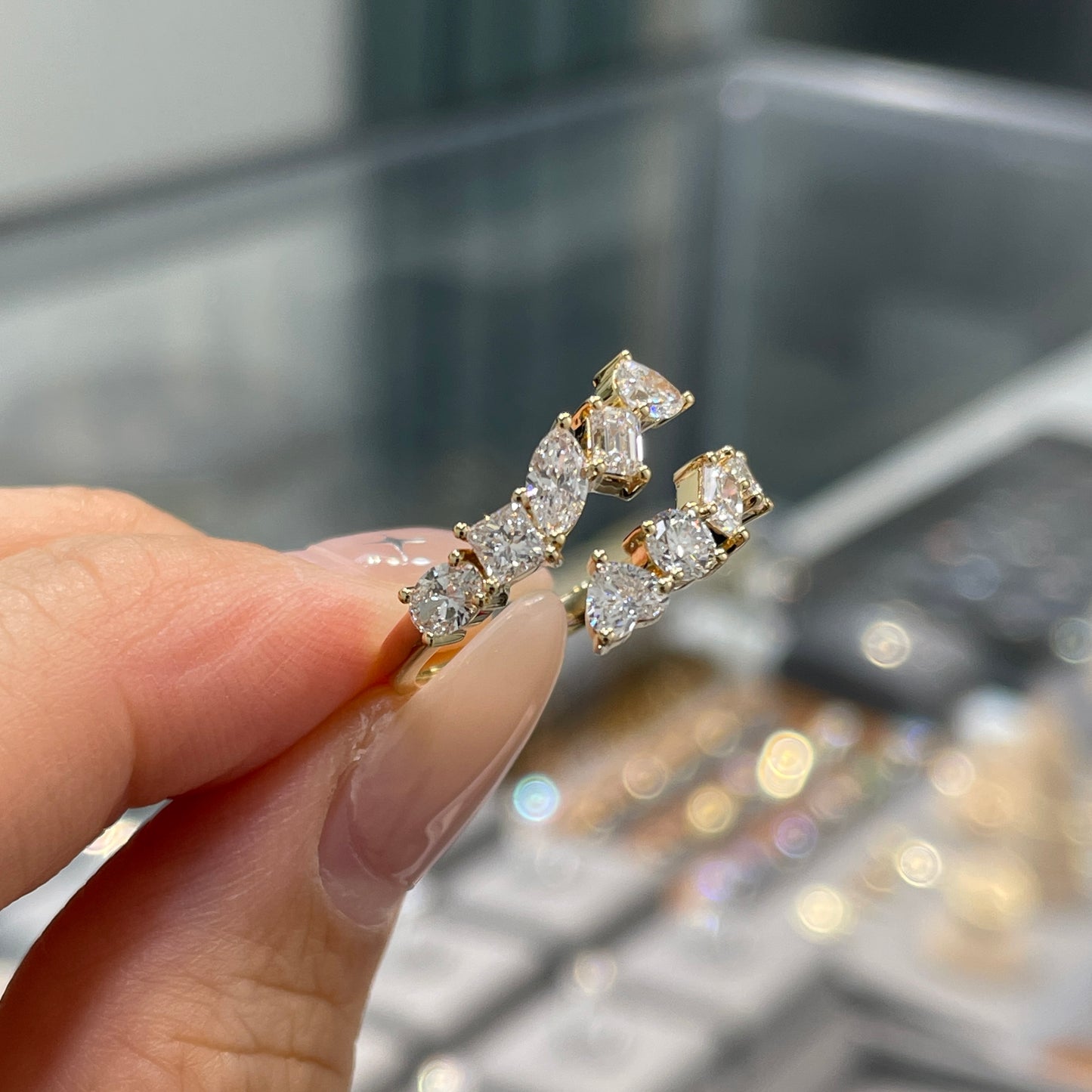 Lab diamond multi shaped 1.35ct irregular open ring
