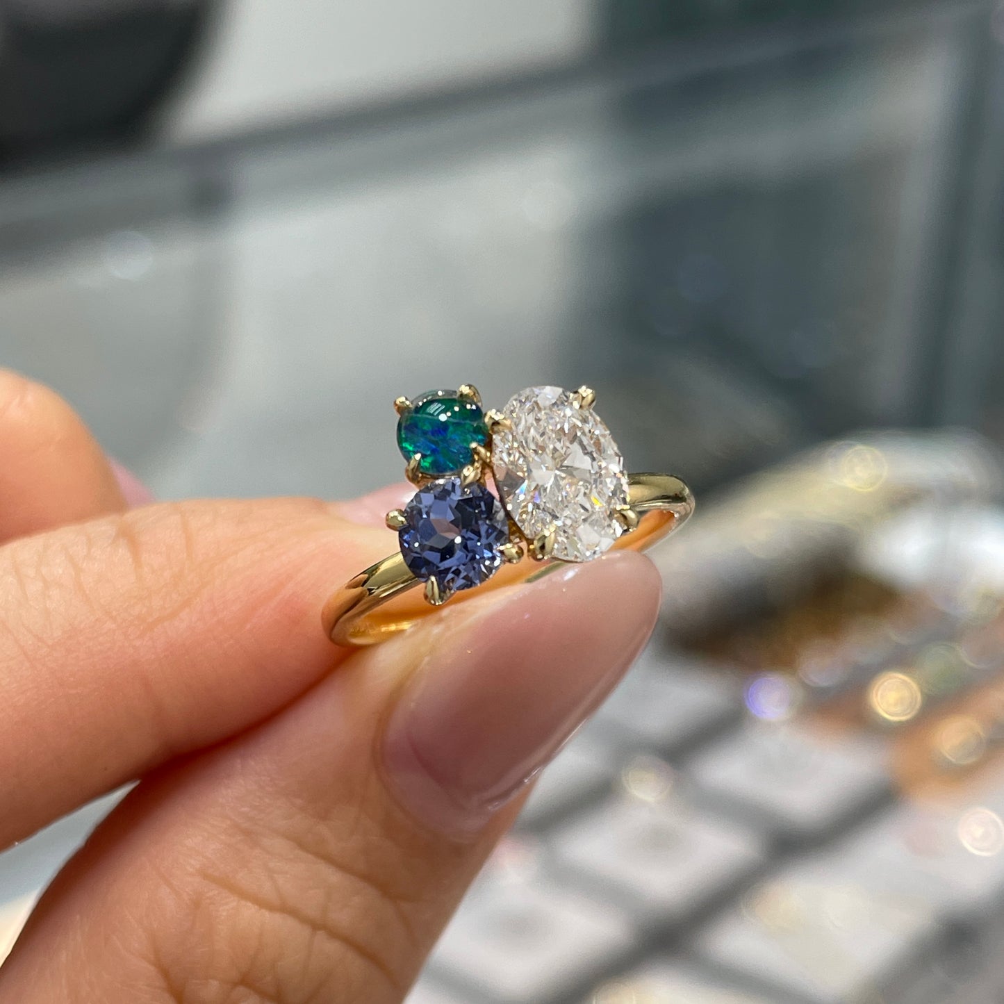 Lab diamond Oval shape with sapphire and natural opal round 1.95ct three stone ring