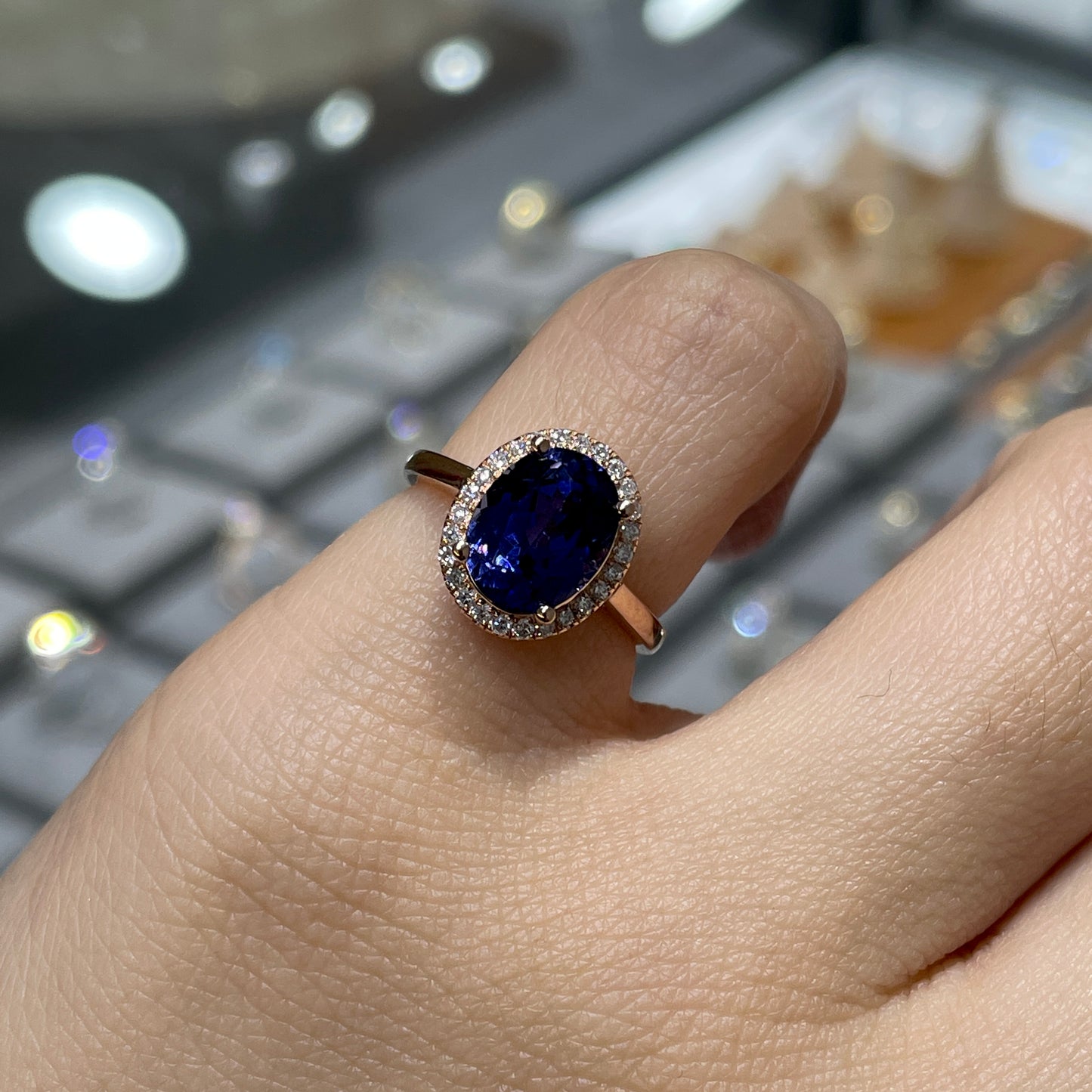Lab grown sapphire royal blue color Oval shape 2.7ct halo ring