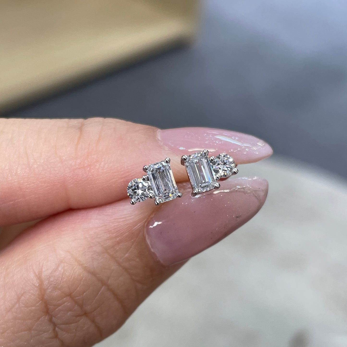Lab diamond Emerald cut and round 0.8ct toi et moi stud earrings-pair
