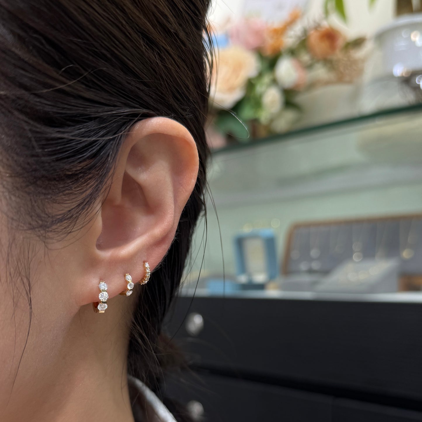 9k Lab Diamond round 0.3ct trio bar setting 8mm hoop earring-each