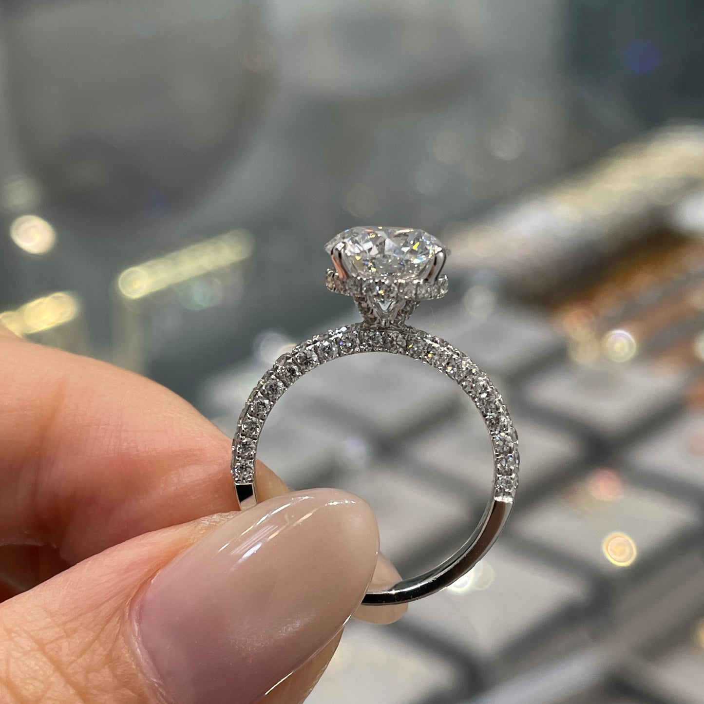 IGI Lab diamond Round 2ct underhalo with underpaved three-side pave band ring