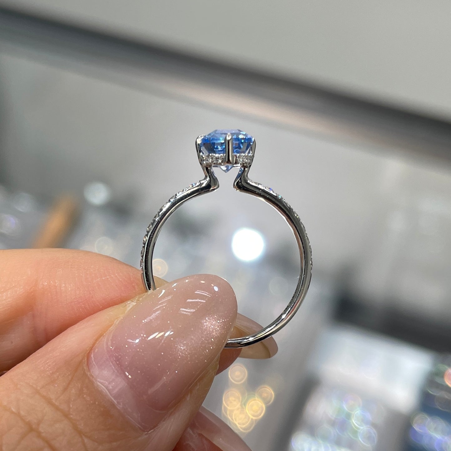 Lab sapphire Santa maria aquamarine emerald cut 2ct four-prong compass under halo pave ring