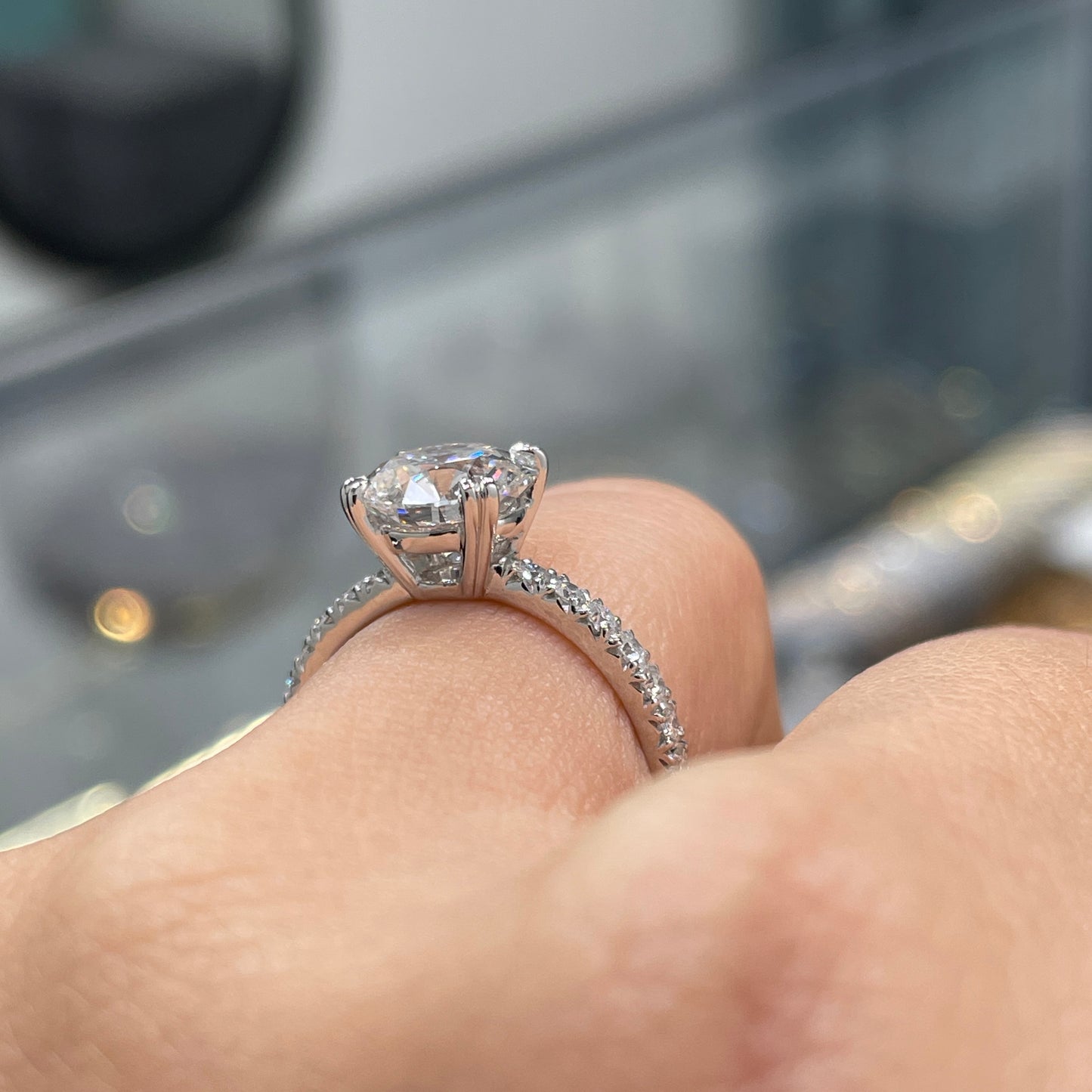 Lab diamond Round 2.3ct four double prong pave ring