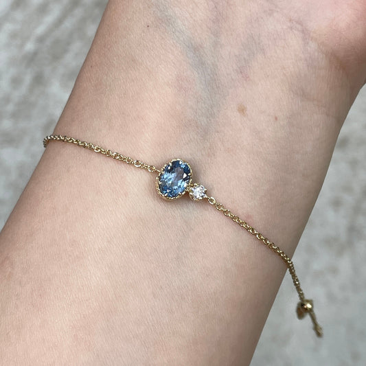 9k Lab sapphire Santa maria aquamarine oval 0.9ct with lab diamond round 0.1ct thick chain bracelet