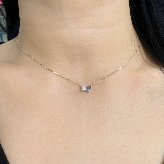 Lab Sapphire cornflower paear with diamond round 0.35ct toi et moi necklace