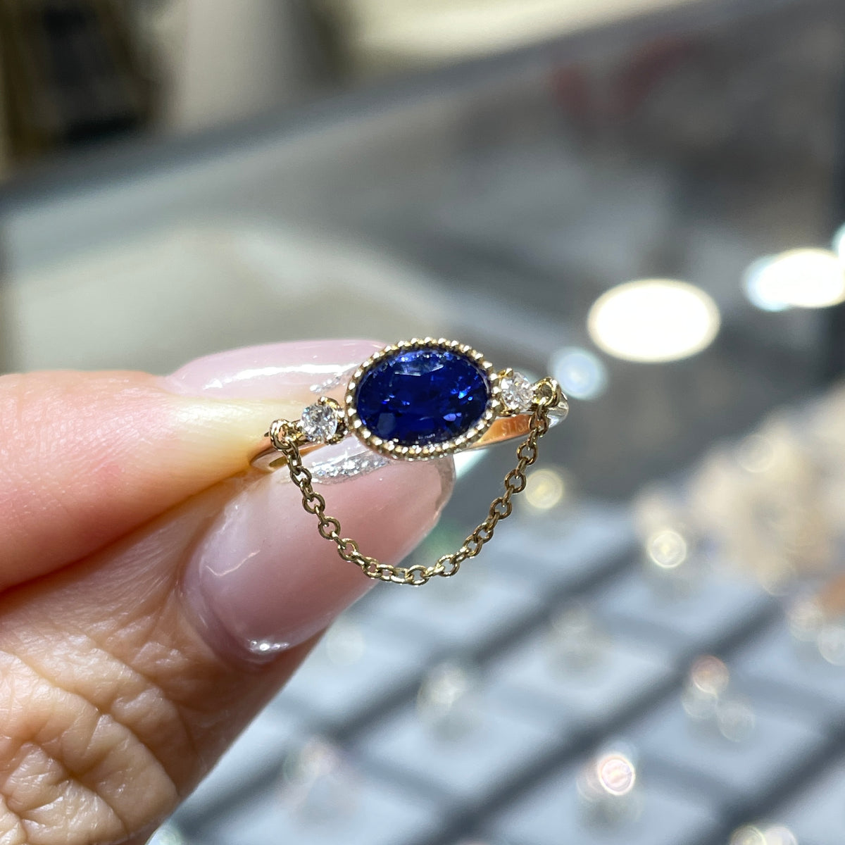 Lab sapphire royal Blue oval shape 1.1ct with diamond milgrain bezel chain ring