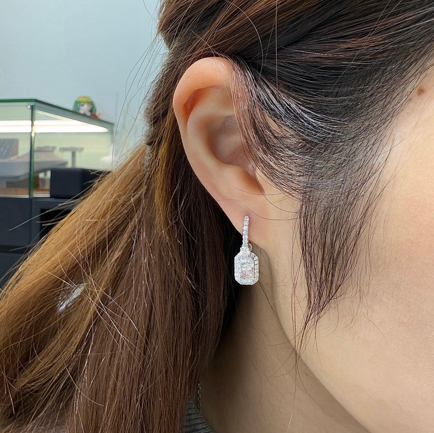 IGI Lab diamond Radiant cut 2ct halo two-way earrings-pair