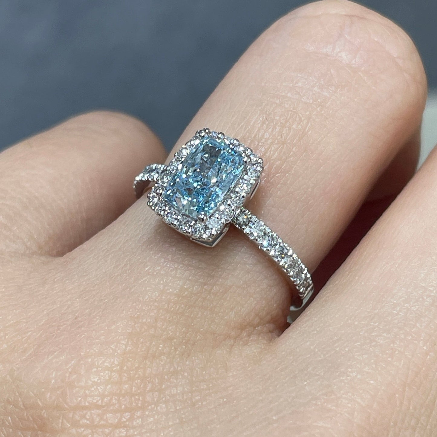 IGI lab blue diamond long cushion cut 1ct halo two-way pave ring