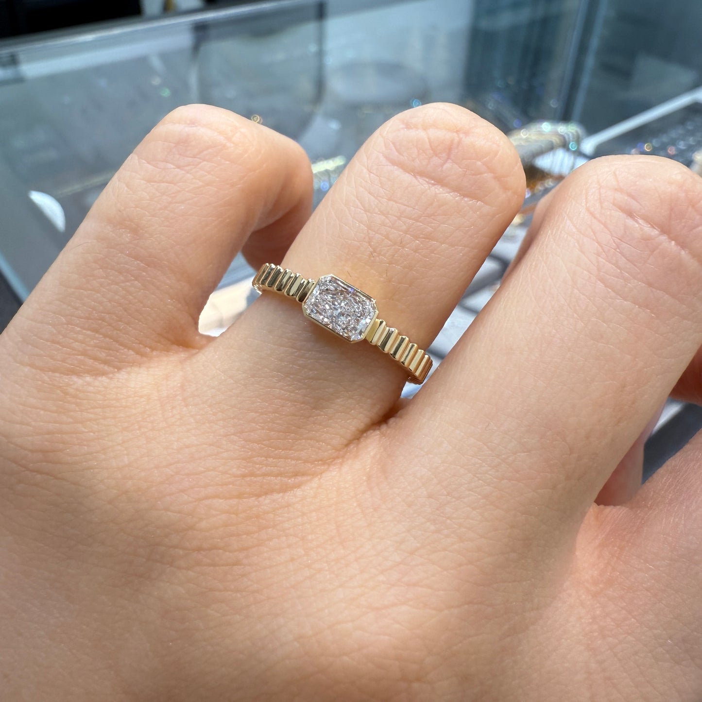 Lab diamond Radiant cut 0.5ct horizontal bezel set with vertical line band ring