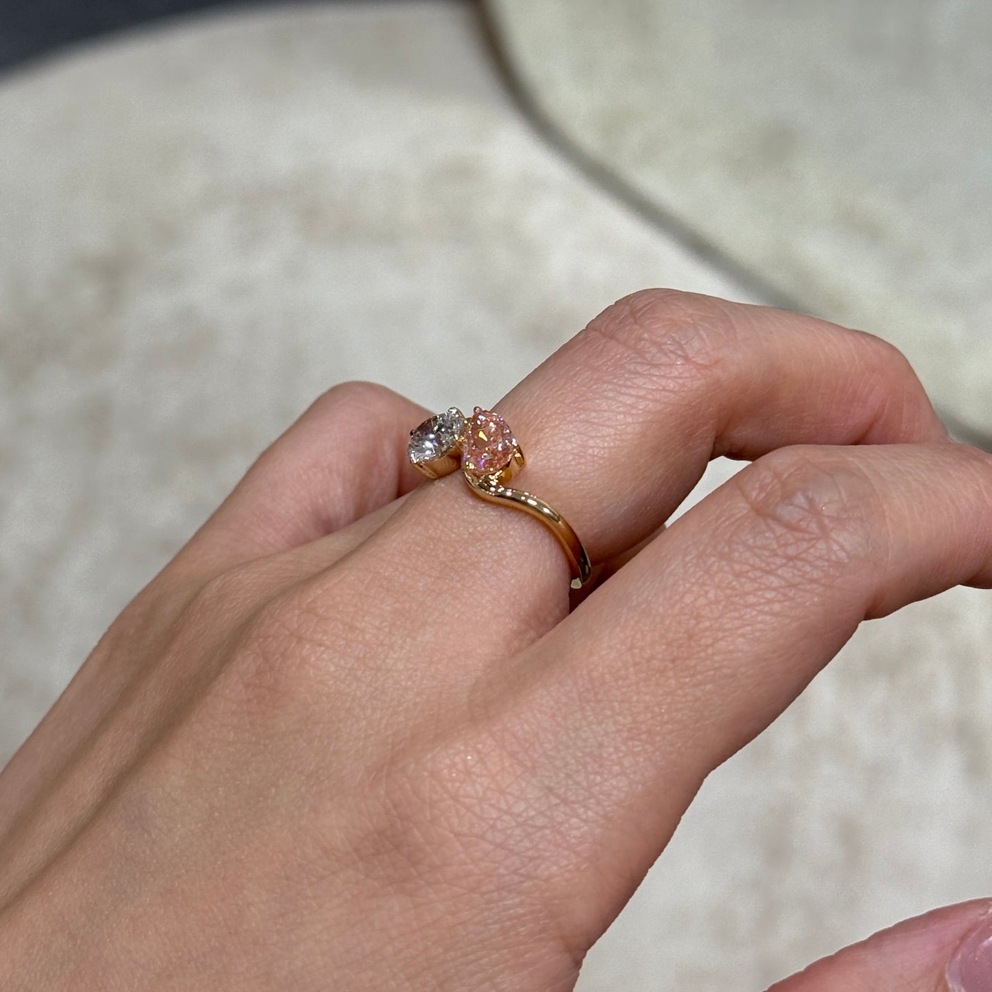 IGI lab pink diamond Pear 1ct with lab diamond round 1ct toi et moi wavy ring