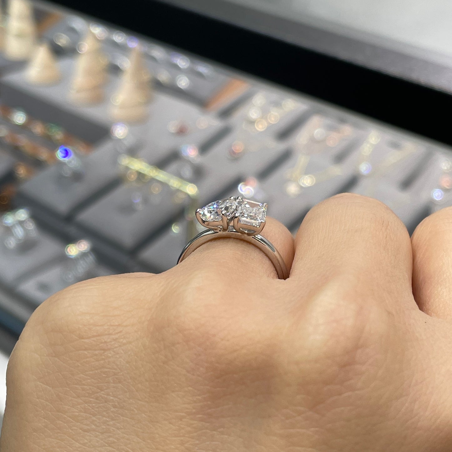 Lab diamond pear shape and emerald cut 2ct toi et moi ring