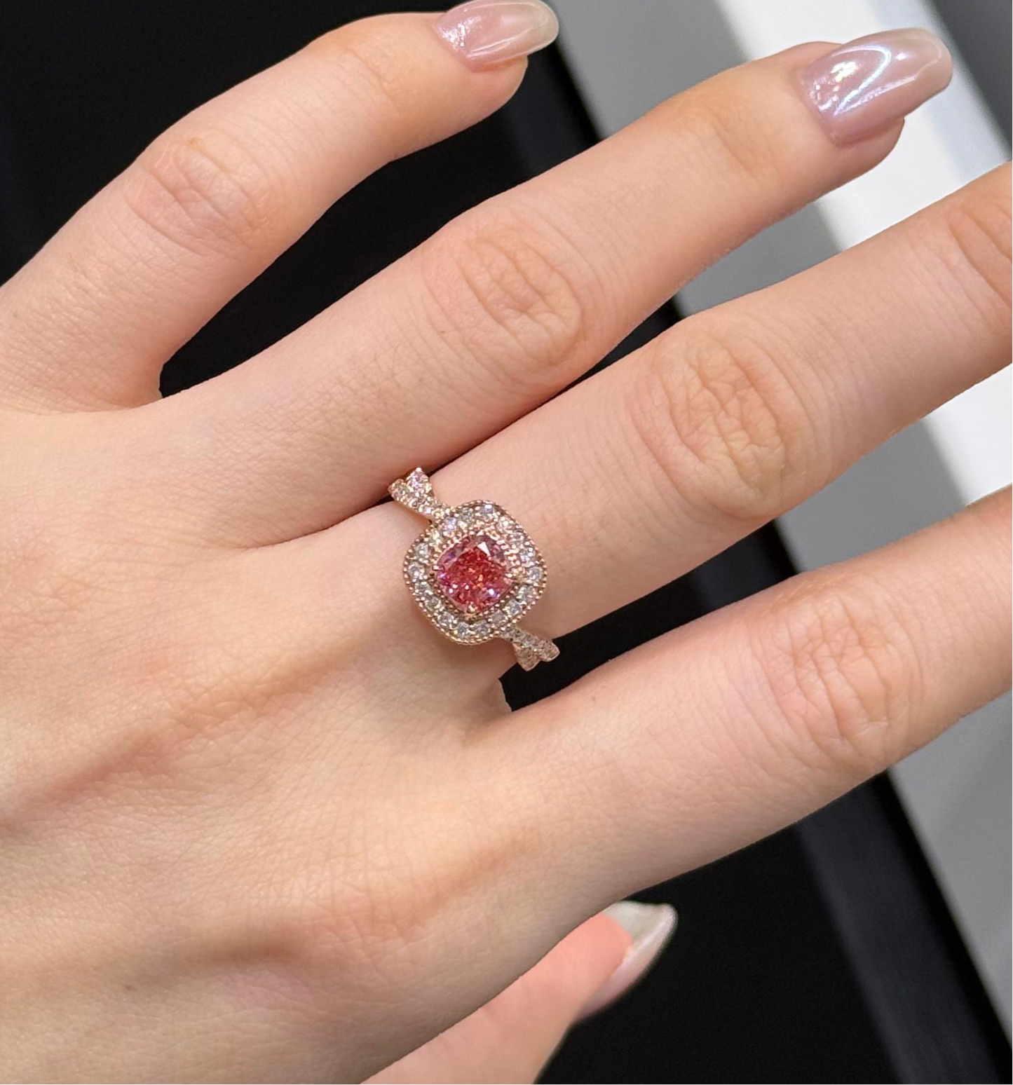 IGI pink diamond cushion 0.8ct halo twist band ring