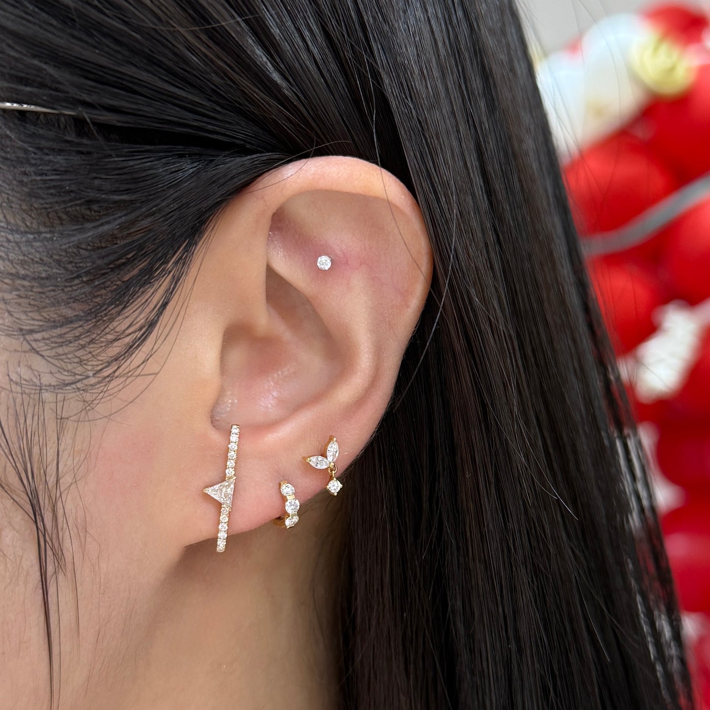 Lab diamond Triangle cut 0.2ct on long bar stud earring - each