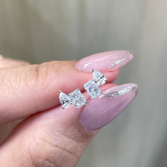 Lab diamond radiant cut and pear 0.6ct toi et moi stud earrings-pair