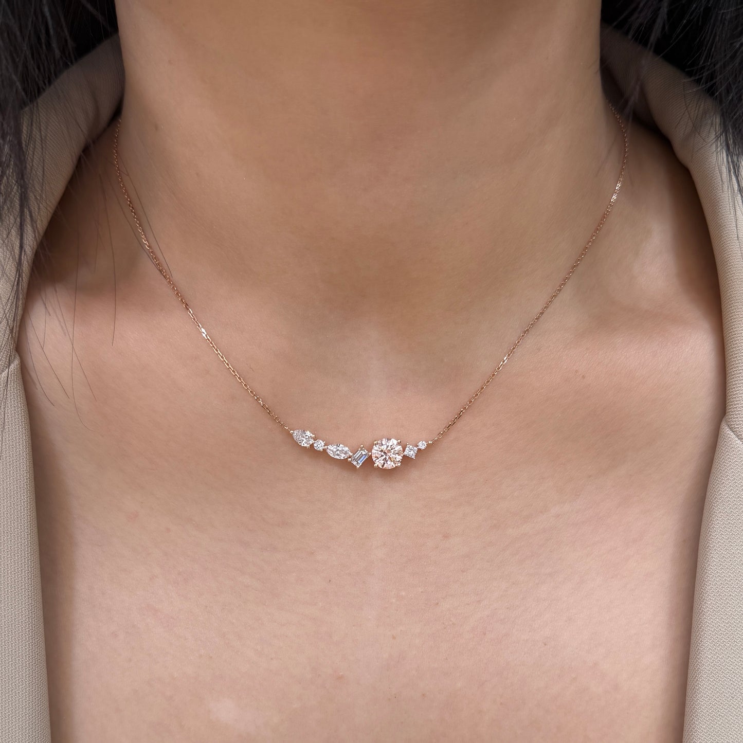 IGI Lab pink diamond Round 1ct with diamond fancy mix bar 0.75ct necklace
