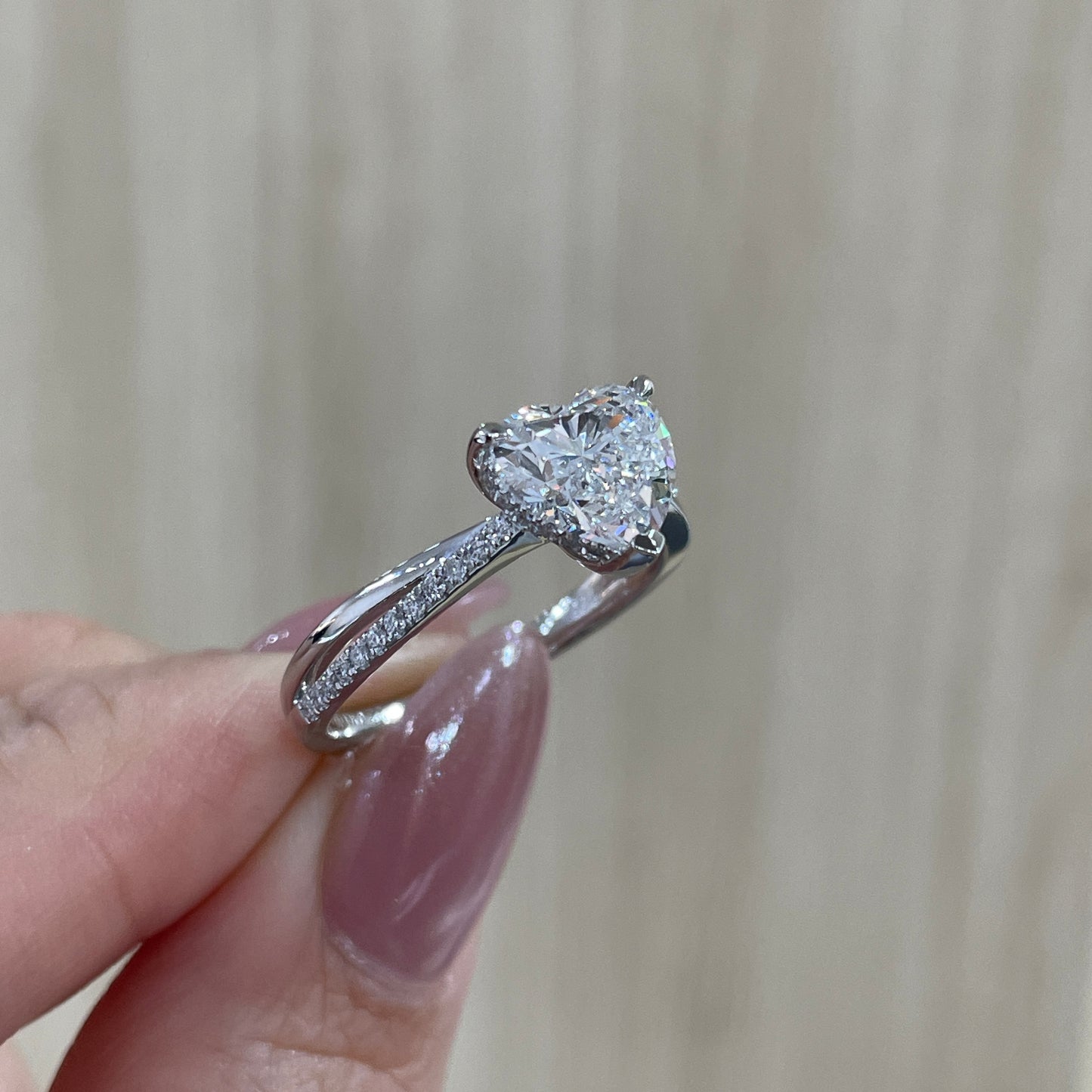 IGI Lab diamond heart shape 2ct three-prong underhalo criss cross pave band ring