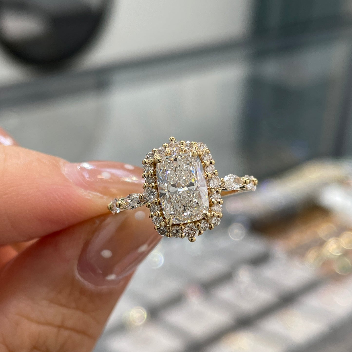 IGI Lab diamond long cushion cut 1.5ct halo with marquise and round mix pave ring