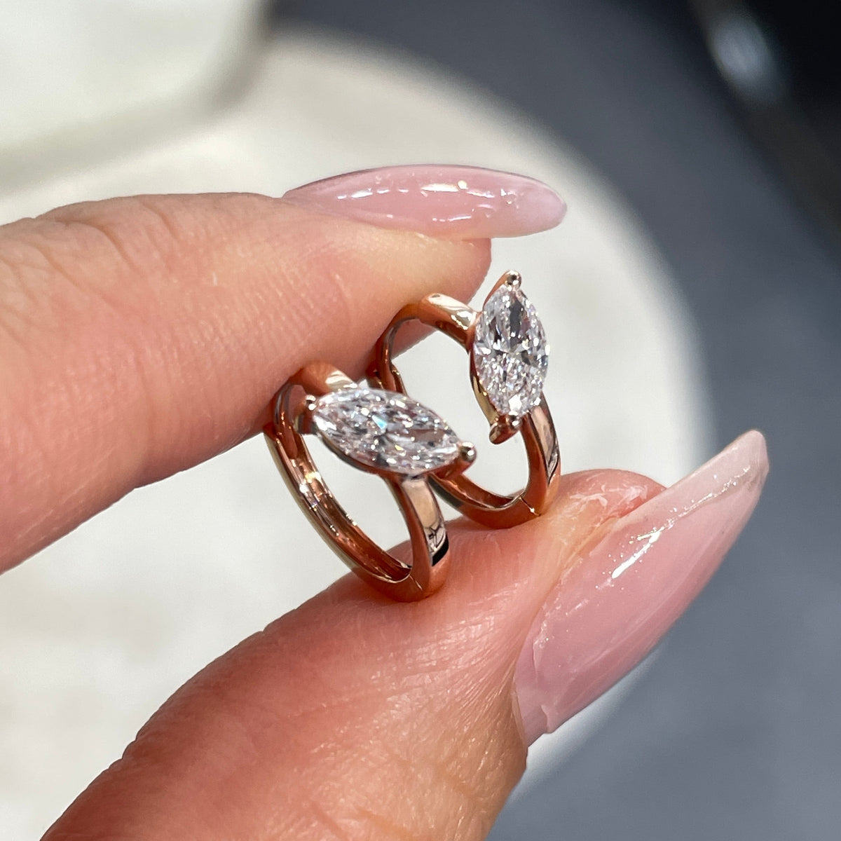 9k Lab diamond marquise shape 0.6ct tilt setting 10mm hoop earrings - pair