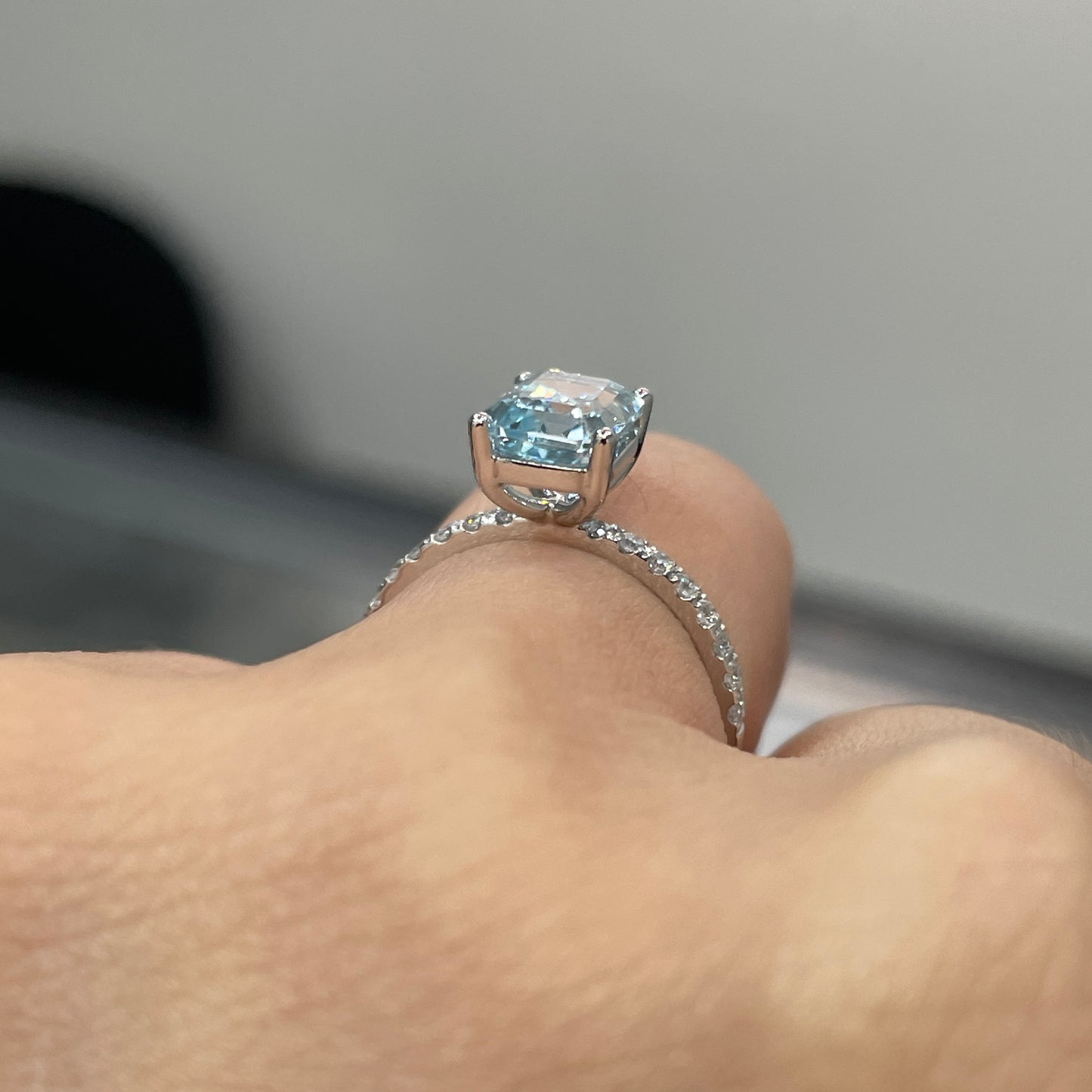 Lab Sapphire Aquamarine blue emerald cut 2ct pave ring