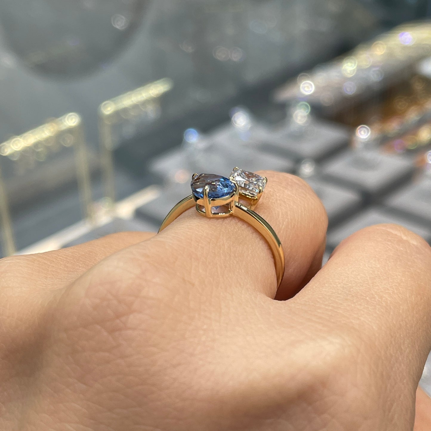 Lab sapphire Santa maria aquamarine pear shape 1.5ct with diamond radiant cut 1ct toi et moi open ring