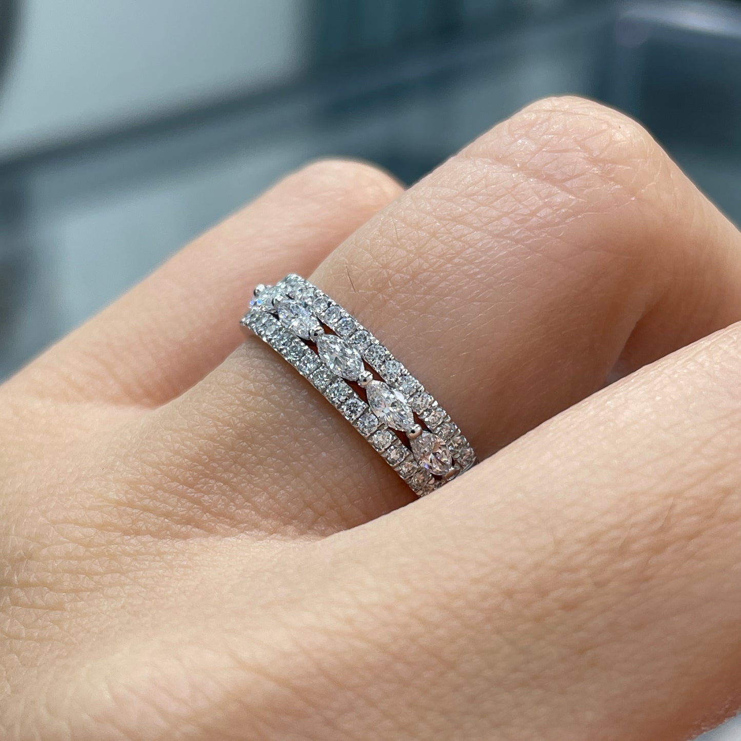 Lab diamond marquise and round 0.8ct three-row half eternity ring