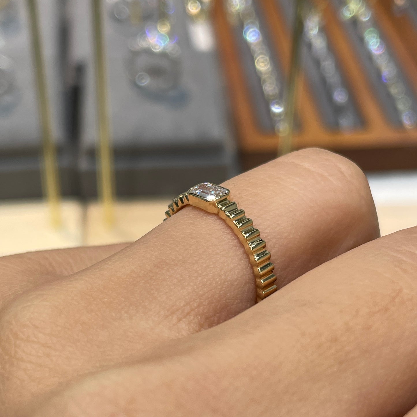 Lab diamond Emerald cut 0.3ct horizontal bezel set with vertical line band ring