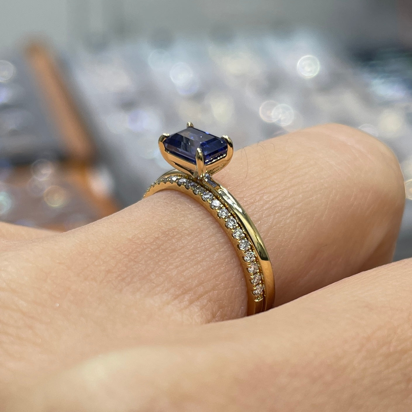 Lab sapphire cornflower color emerald cut 0.9ct solitaire ring