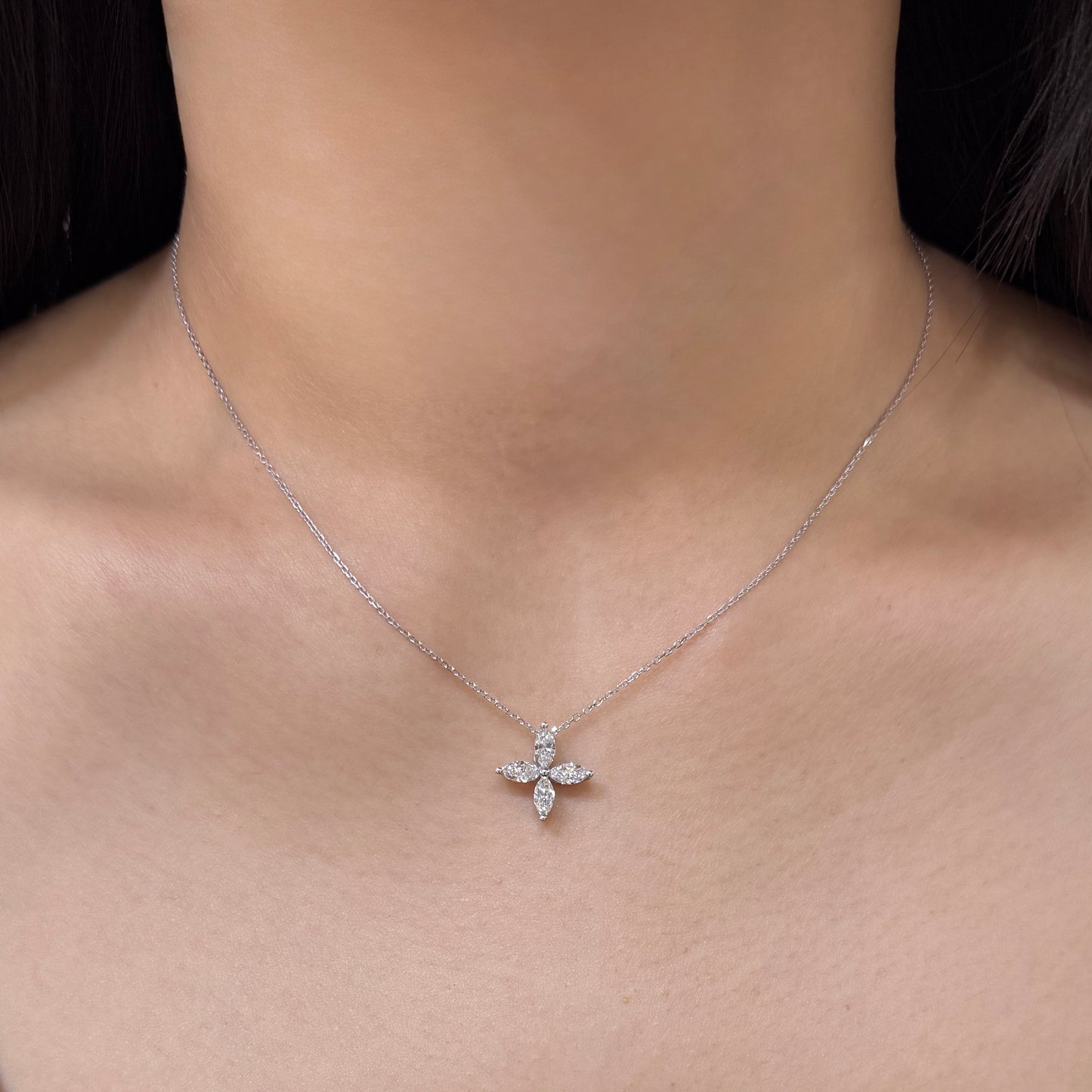 Lab diamond marquise 1ct flower two way pendant with necklace