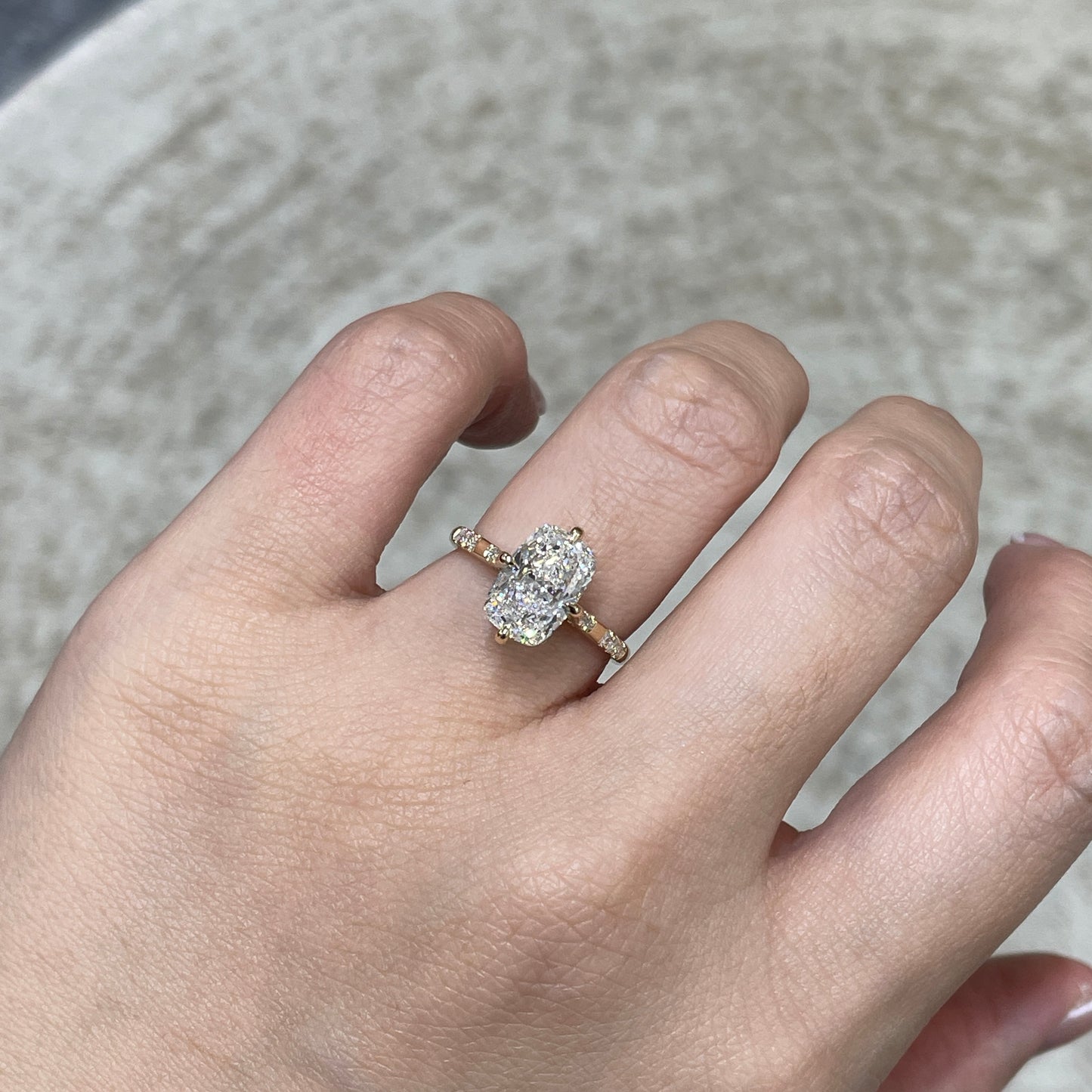 IGI Lab diamond long cushion cut 2.5ct four-prong compass underhalo side stone ring