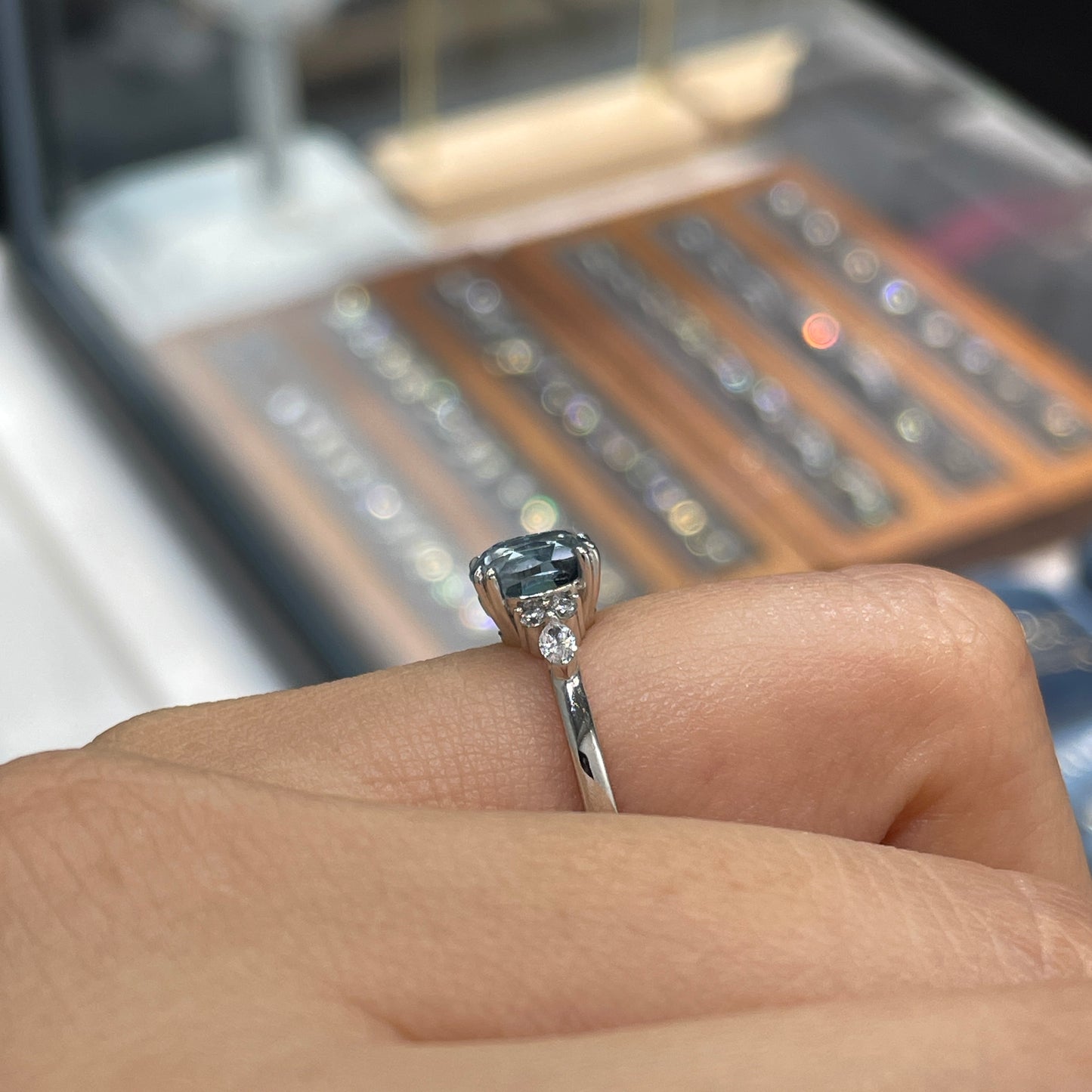 Lab sapphire aquamarine color Oval shape 1.2ct with diamond side stone ring